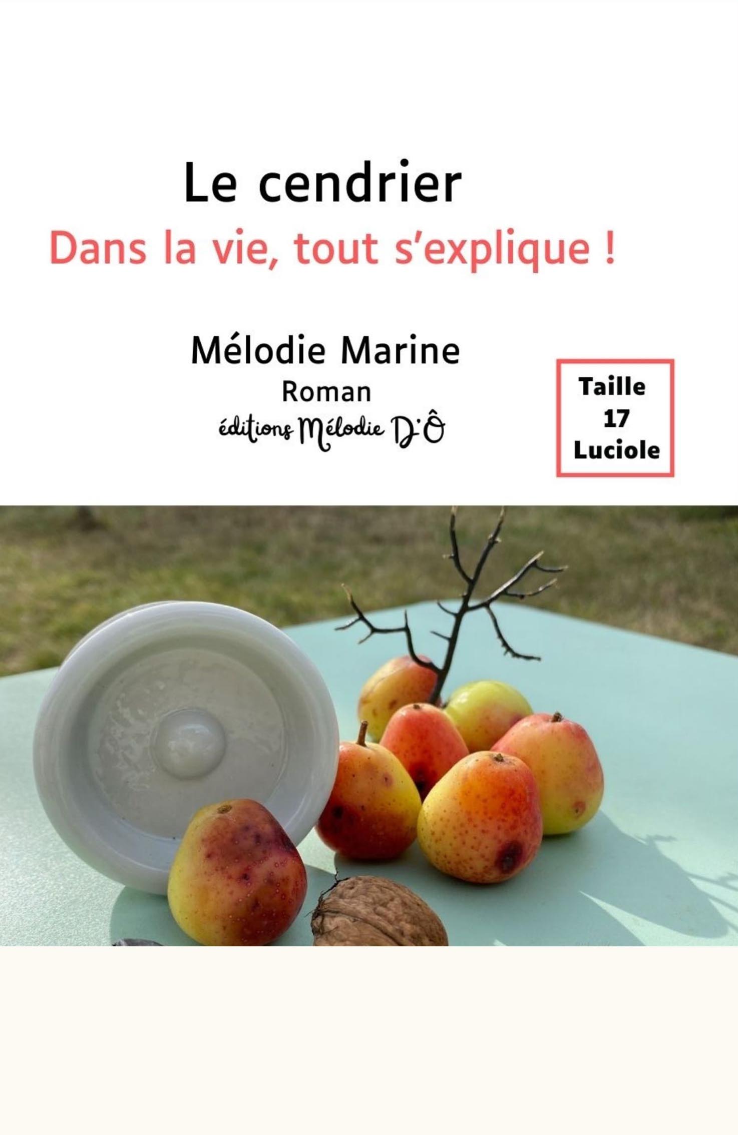 Le cendrier Dans la vie, tout s’explique ! Mélodie Marine Couverture du livre en grands caractères Le cendrier – Dans la vie, tout s’explique ! de Mélodie Marine. La partie supérieure blanche présente le titre en noir et rouge, le nom de l’autrice et la mention « Roman – éditions Mélodie D’Ô », avec un encadré indiquant « Taille 17 Luciole ». La partie inférieure montre un cendrier blanc posé sur une table verte, entouré de petites poires, d’une noix et d’une branche.