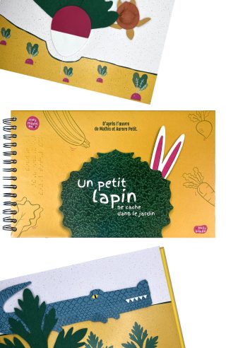 Couverture du livre en grands caractères, braille et tactile (gros caractères) Un petit lapin se cache dans le jardin de Mathis et Aurore Petit