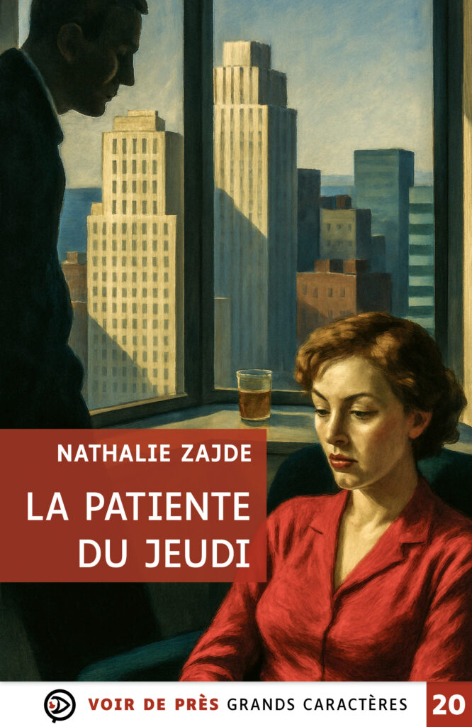 Couverture du livre 'La patiente du jeudi' de Nathalie Zajde, femme pensive près d’une fenêtre donnant sur une ville.