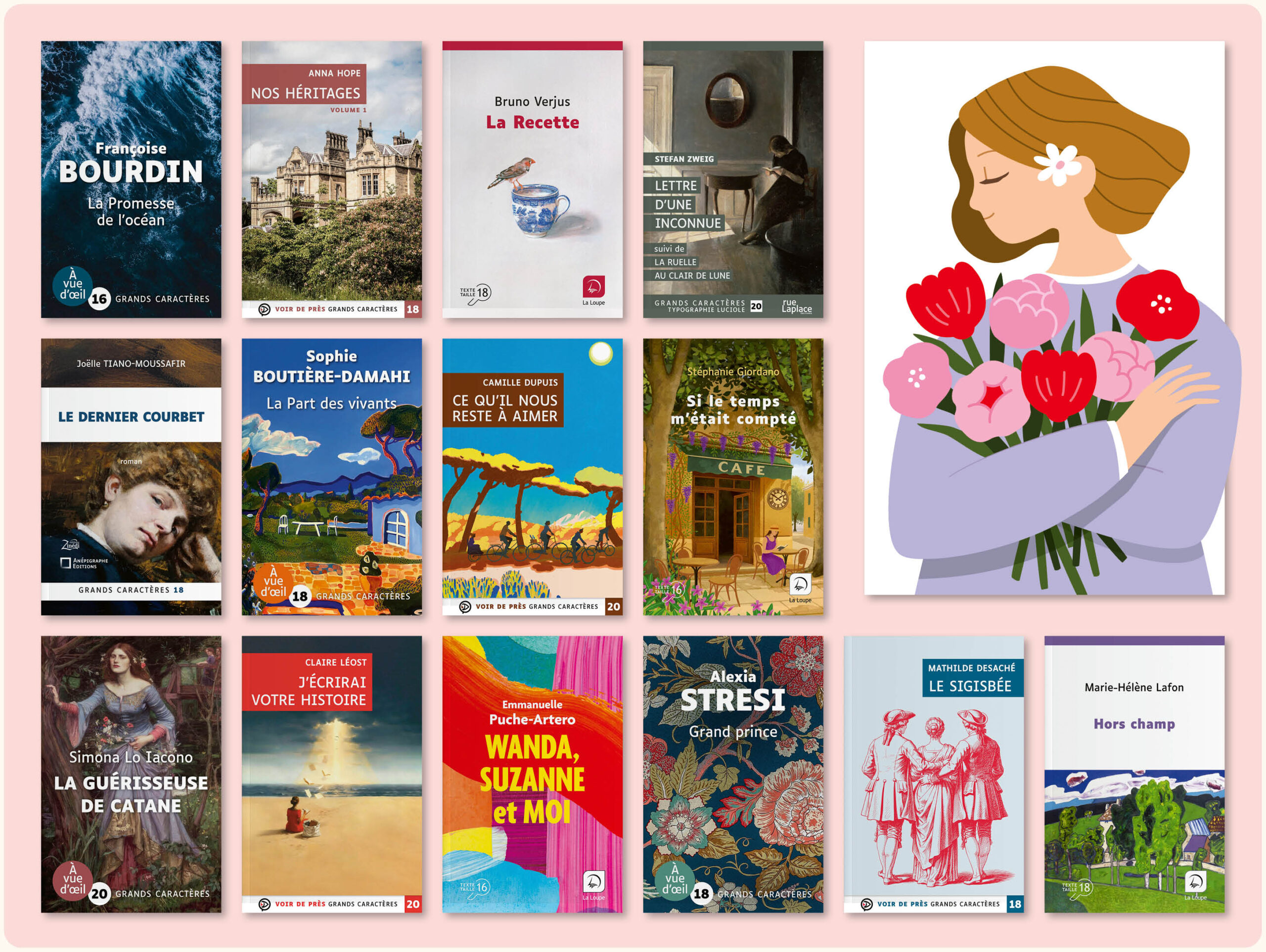Sélection de livres en grands caractères pour la fête des Mères 2026, accompagnée d’une illustration d’une femme tenant un bouquet de fleurs.