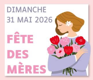 Illustration pastel pour la fête des Mères 2026 représentant une femme tenant un bouquet de fleurs.