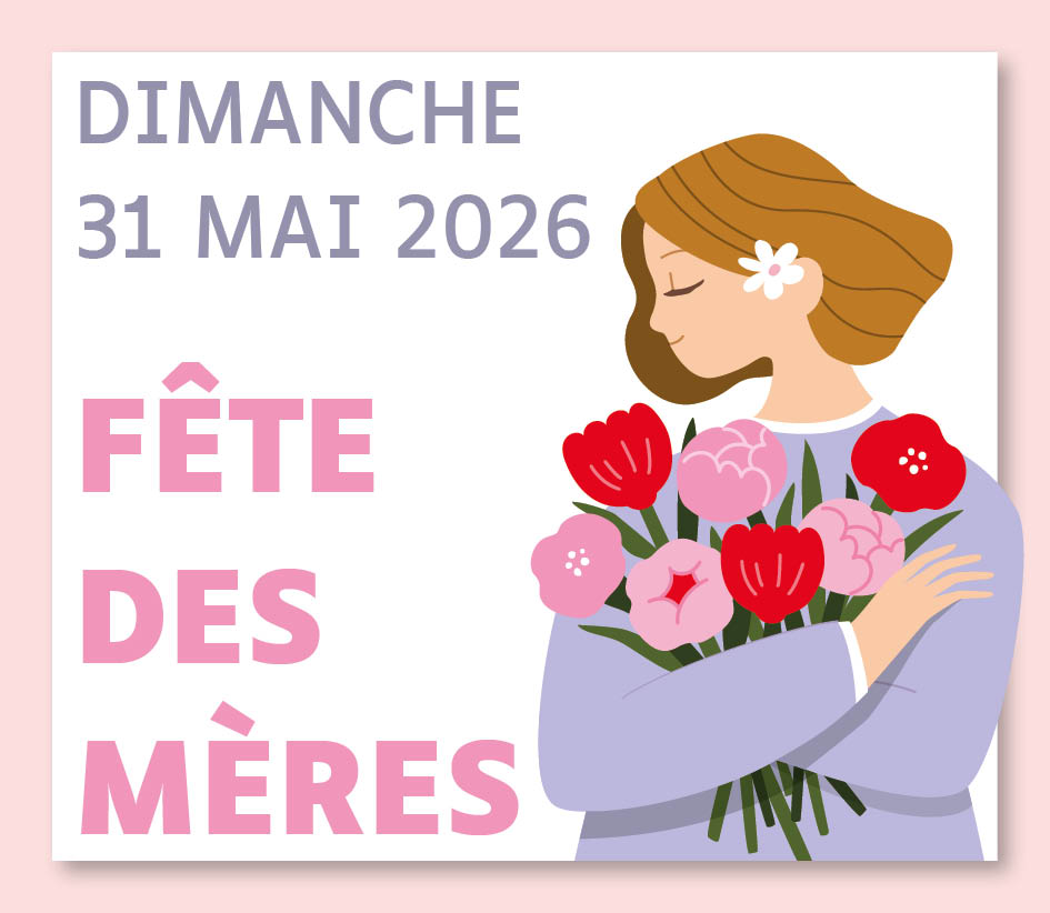 Illustration pastel pour la fête des Mères 2026 représentant une femme tenant un bouquet de fleurs.