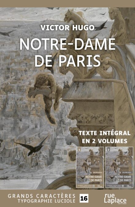 Couverture du livre en grands caractères « Notre-Dame de Paris » de Victor Hugo, publié par les éditions rueLaplace, avec une illustration représentant une gargouille et Quasimodo juchés sur la cathédrale.