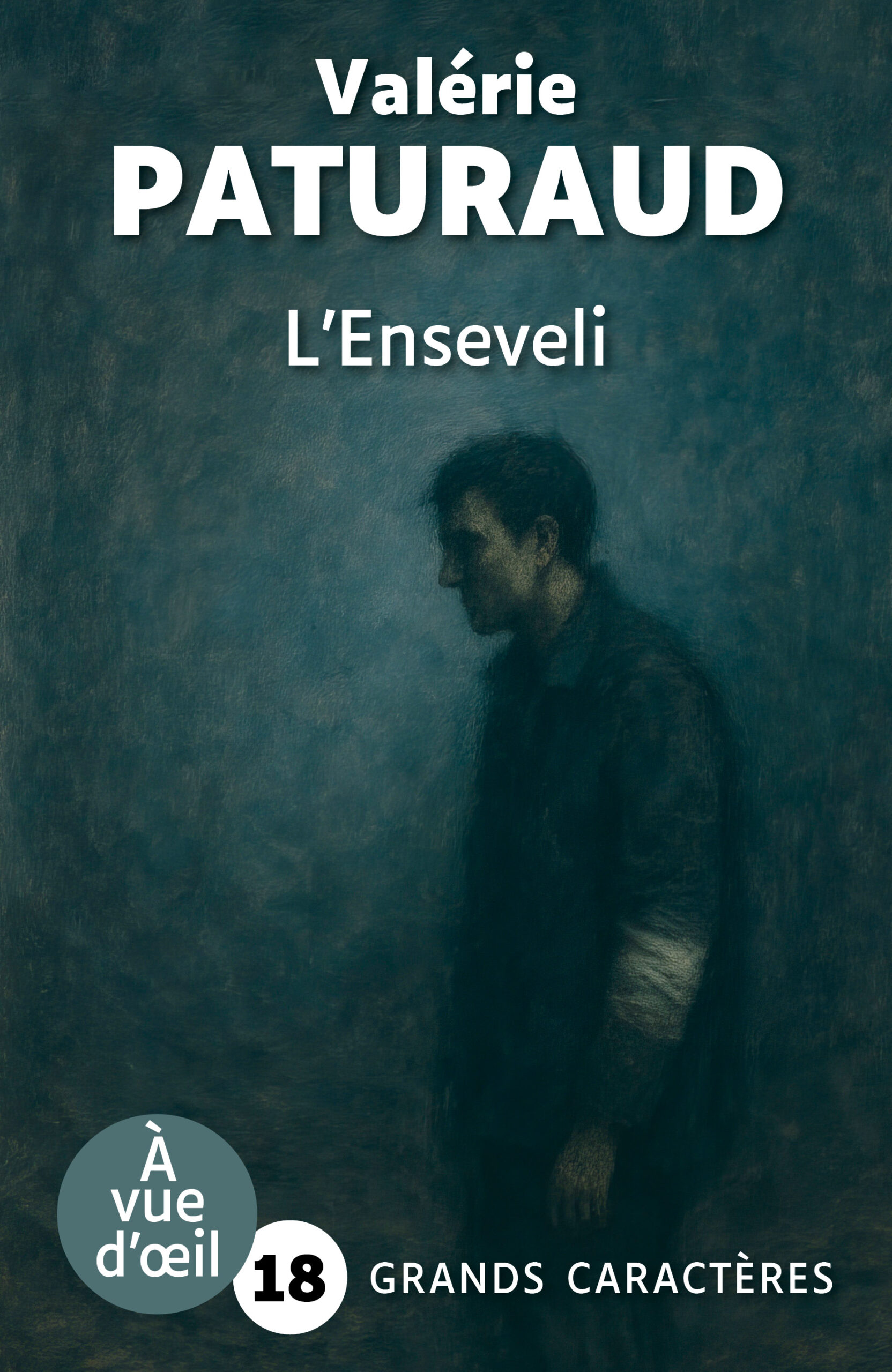 Couverture du livre L’Enseveli de Valérie Paturaud en grands caractères (police 18). On y voit un homme en clair-obscur, marchant dans une atmosphère sombre et brumeuse.