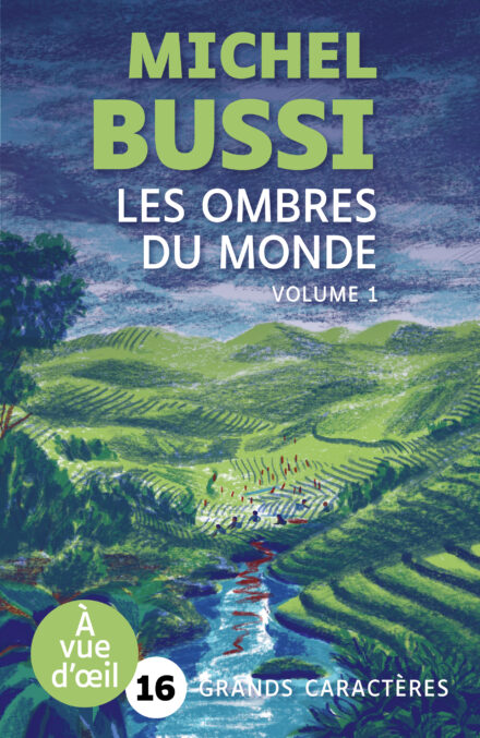 Couverture du livre Les ombres du monde de Michel Bussi, en grands caractères (police 16). Illustration d’un paysage de rizières en terrasses, vallées vertes et rivière bleutée qui serpente vers le premier plan. Une tâche rouge dans l’eau laisse deviner une scène dramatique.