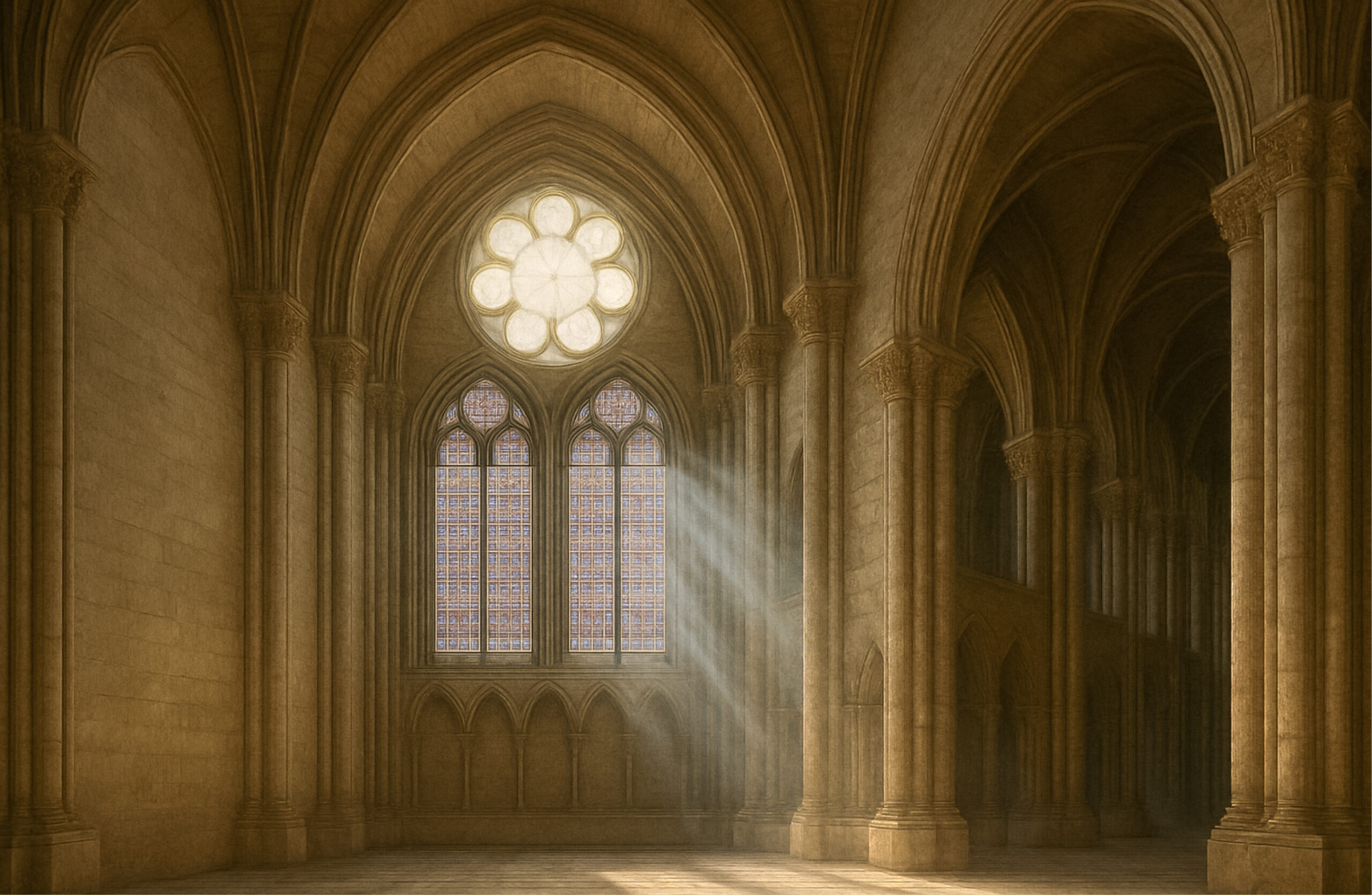 Intérieur d’une cathédrale gothique, avec vitrail et rosace, lumière filtrant à travers les arches – livre en grands caractères