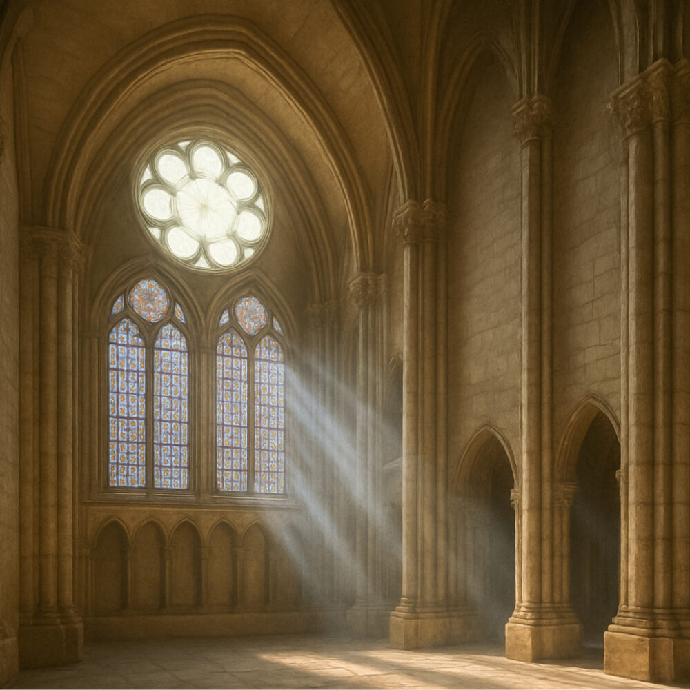 Intérieur d’une cathédrale gothique, avec vitrail et rosace, lumière filtrant à travers les arches – livre en grands caractères