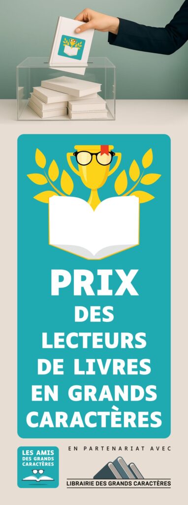 Affiche du Prix des lecteurs de livres en grands caractères, avec une main déposant un livre dans une urne de vote