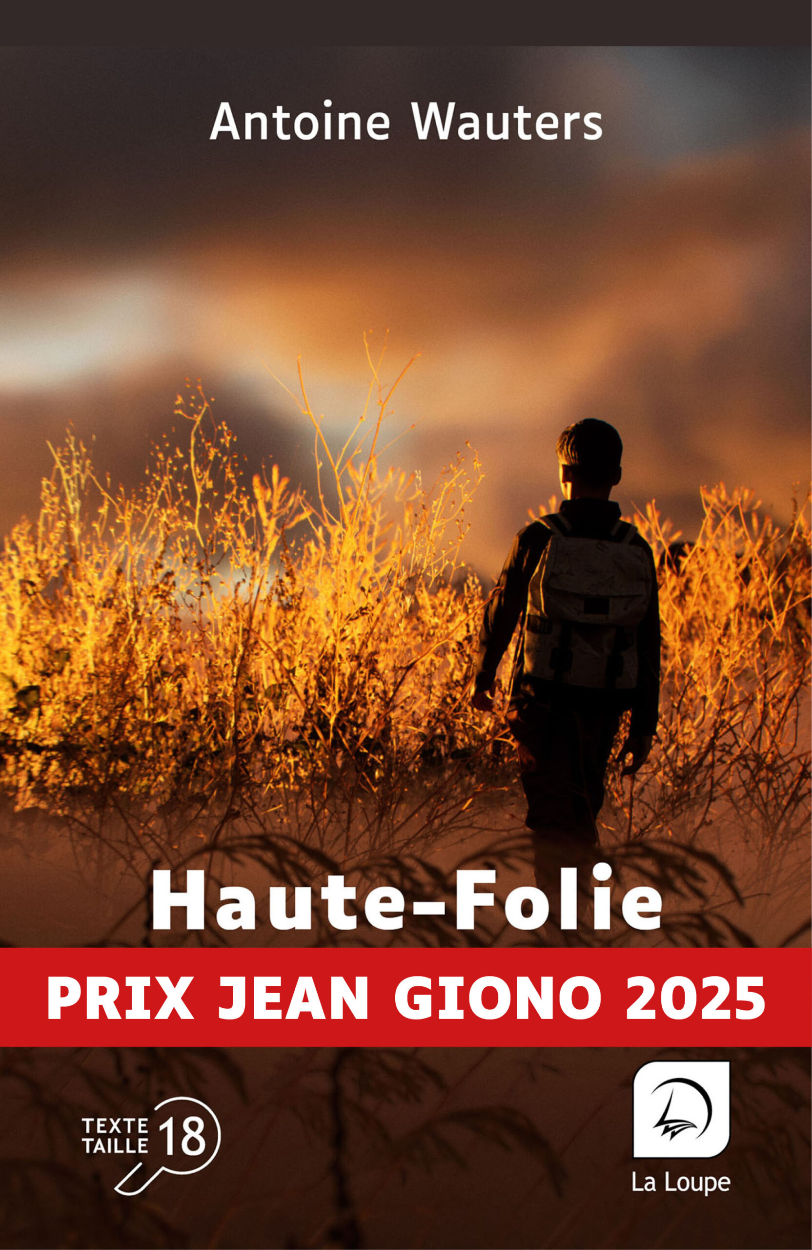 Couverture du livre Haute-Folie d’Antoine Wauters en grands caractères, éditions La Loupe, texte taille 18, mention Prix Jean Giono 2025.