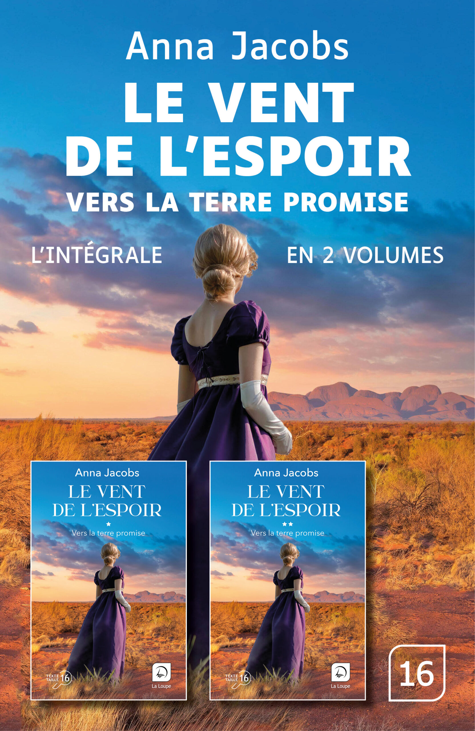 Couverture du livre Le vent de l’espoir – Vers la terre promise d’Anna Jacobs, en grands caractères, intégrale en deux volumes.