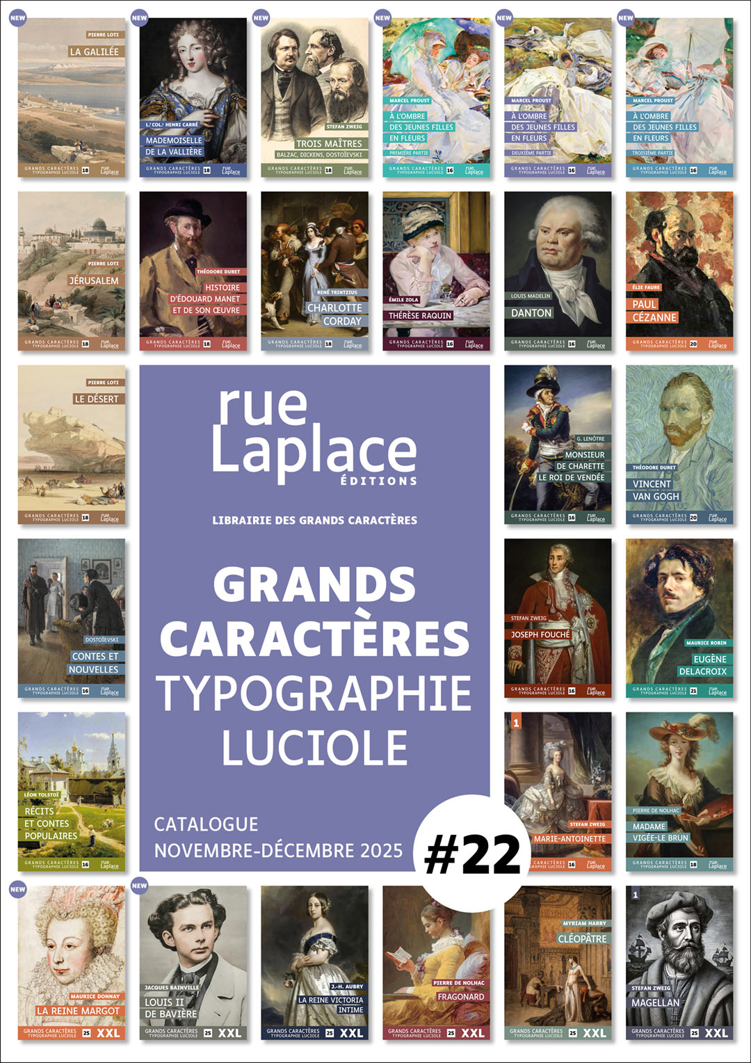 Couverture du catalogue n°22 des éditions rueLaplace – Collection Grands Caractères, typographie Luciole, novembre-décembre 2025.