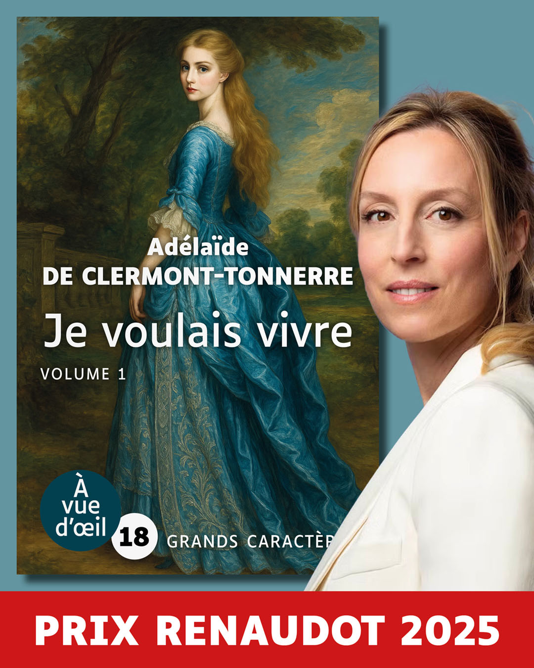 Portrait d’Adélaïde de Clermont-Tonnerre aux côtés de la couverture de son livre Je voulais vivre, en grands caractères, éditions À vue d’œil, taille 18.
