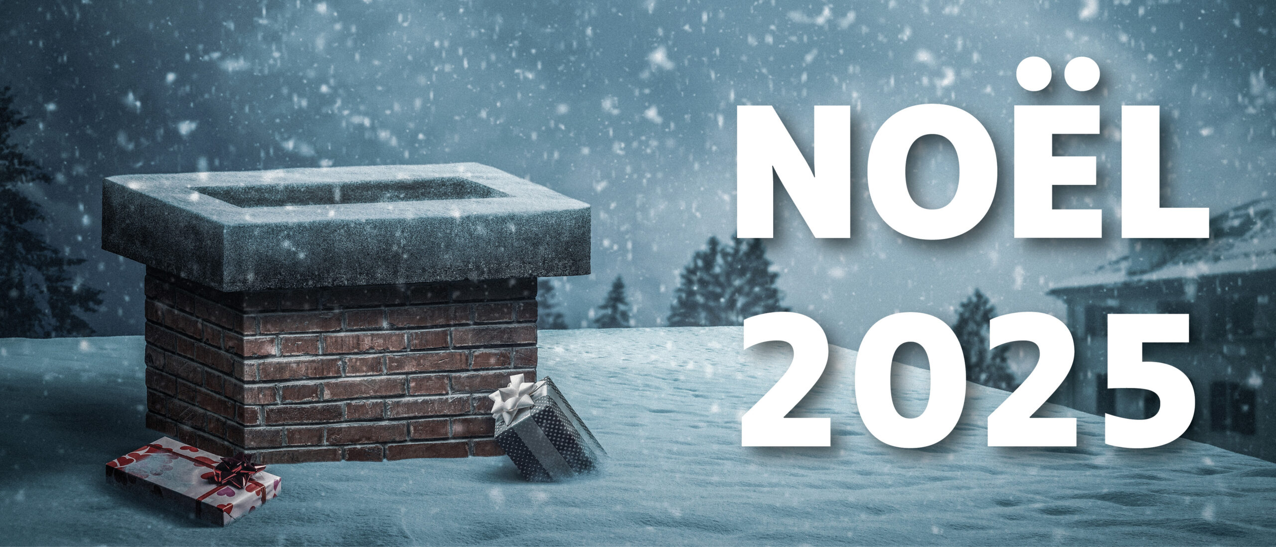 Cheminée enneigée sur un toit, avec des cadeaux déposés devant et le texte « Noël 2025 » sous la neige.
