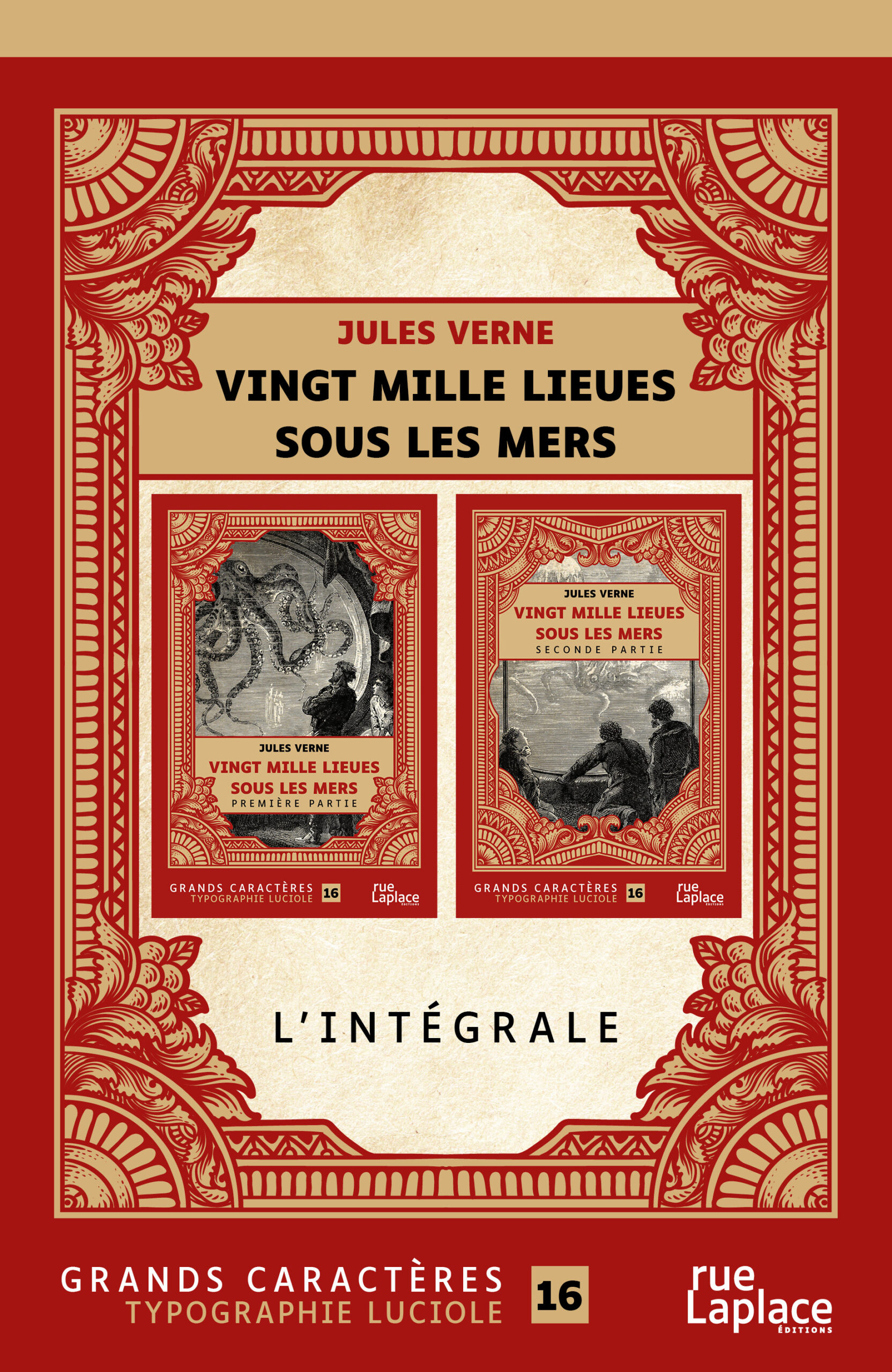 Couverture de l’intégrale Vingt mille lieues sous les mers de Jules Verne en grands caractères (typographie Luciole, taille 16), éditions rueLaplace.