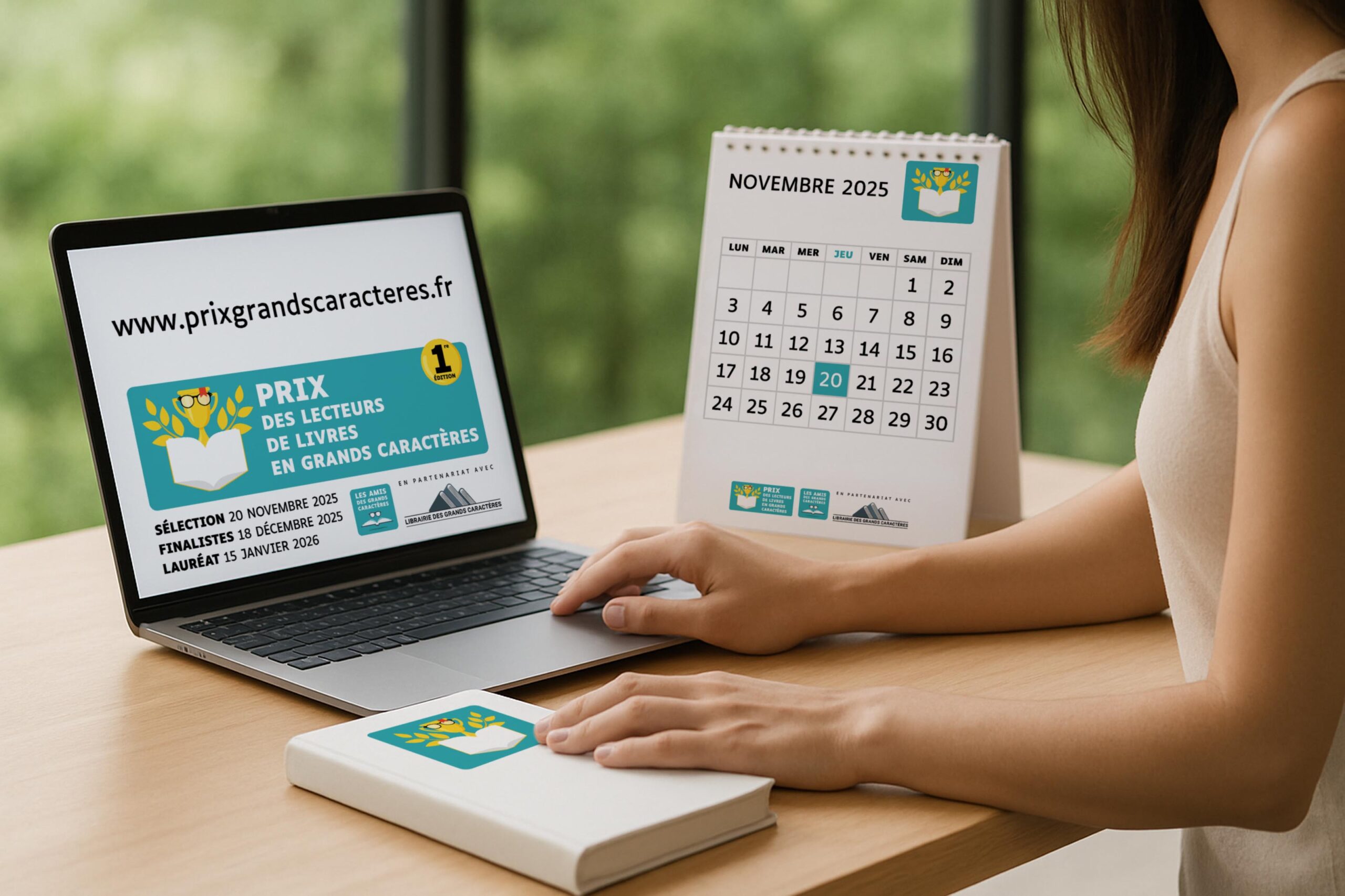Visuel de présentation du Prix des lecteurs de livres en grands caractères avec calendrier de novembre 2025 et site web www.prixgrandscaracteres.fr