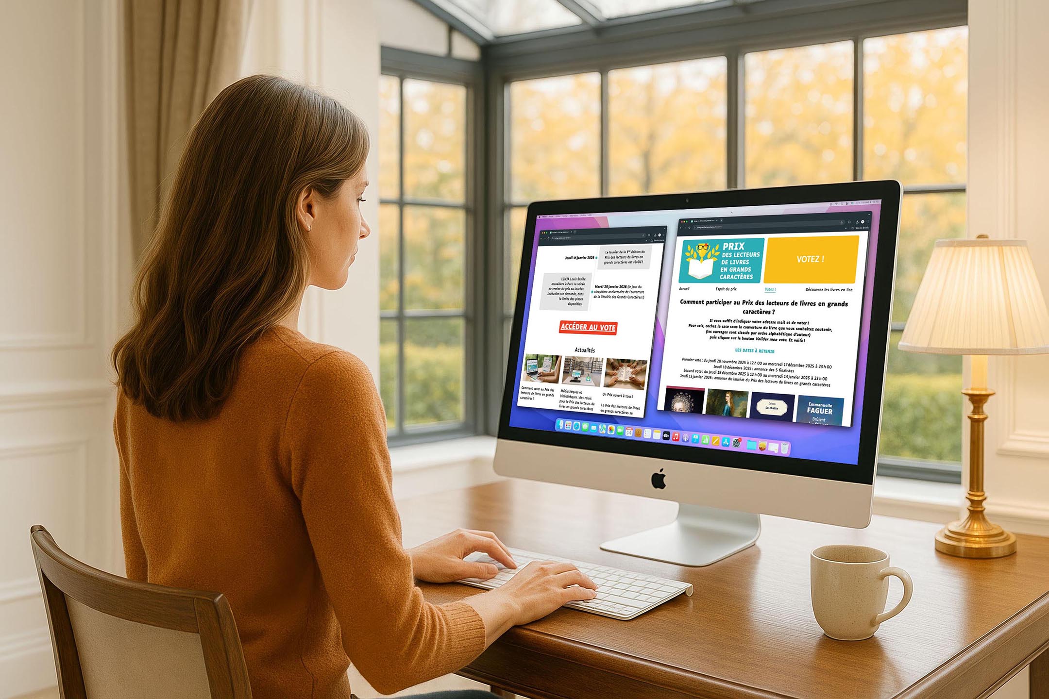 Personne consultant sur ordinateur le site du Prix des lecteurs de livres en grands caractères, avec le bouton « Voter » visible à l’écran.