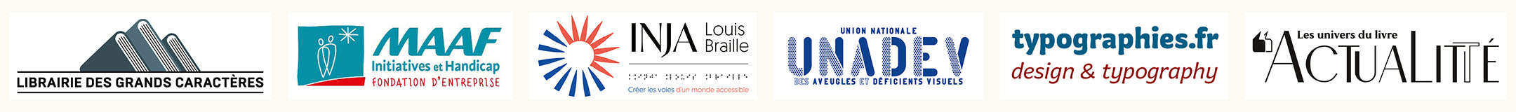 Logos des partenaires du Prix des lecteurs de livres en grands caractères (Librairie des Grands Caractères, MAAF Initiatives et Handicap, INJA Louis Braille, UNADEV, typographies.fr, Actualitté).