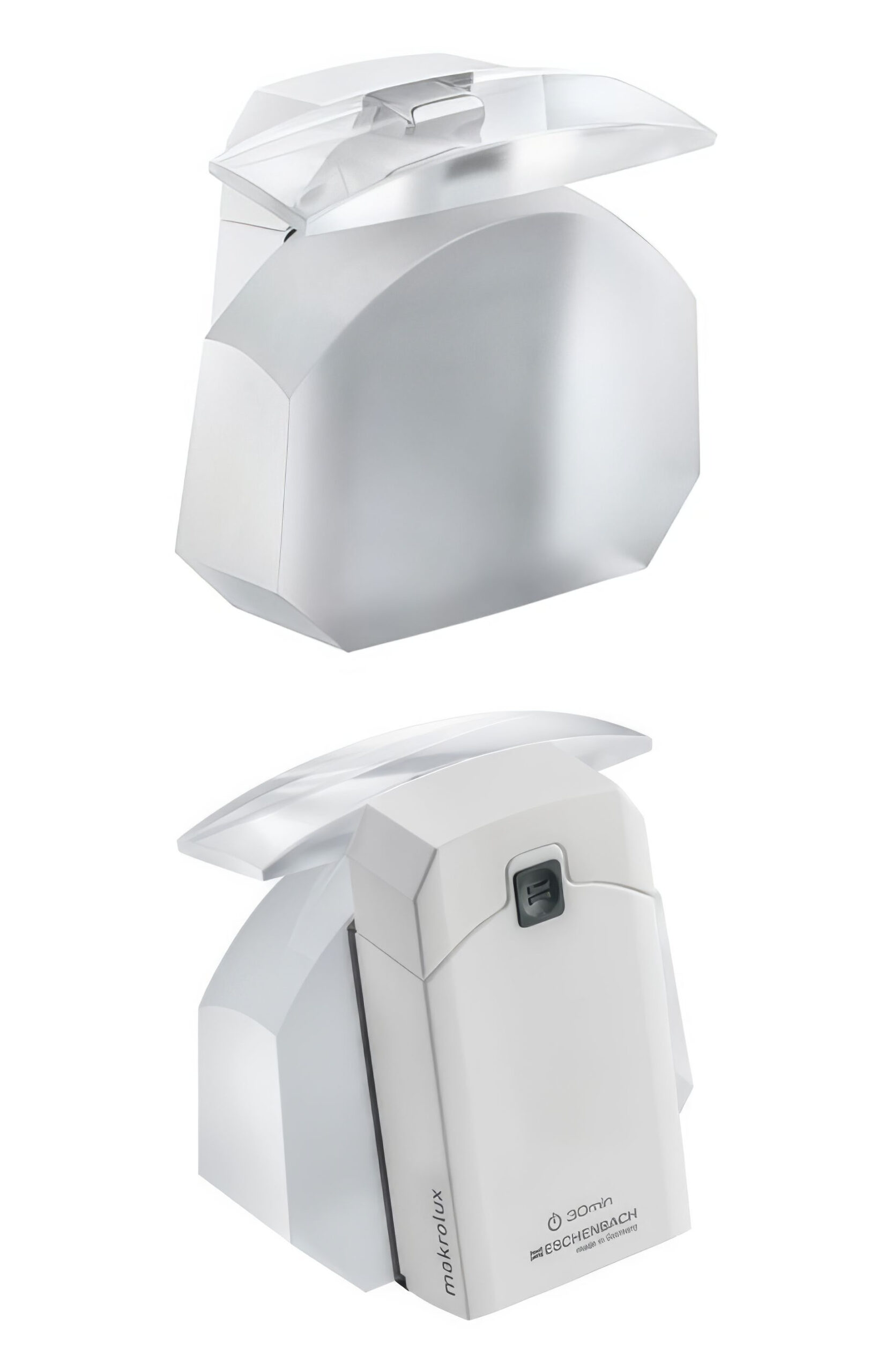 Loupe Makrolux blanche avec support et lentille grossissante 36×, présentation du produit sous deux angles sur fond blanc.