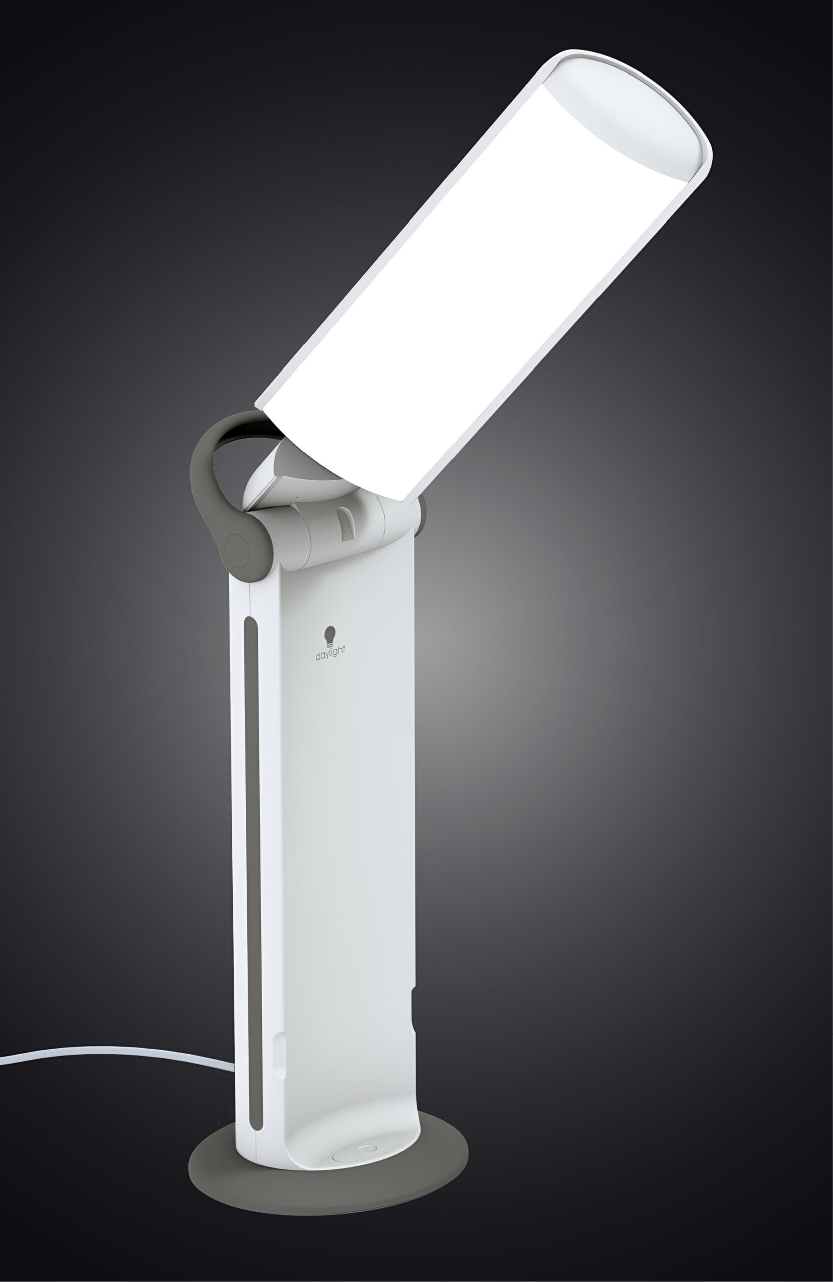 Lampe de table blanche au design moderne et épuré, avec tête lumineuse orientable montée sur un pied vertical, présentée sur fond sombre.
