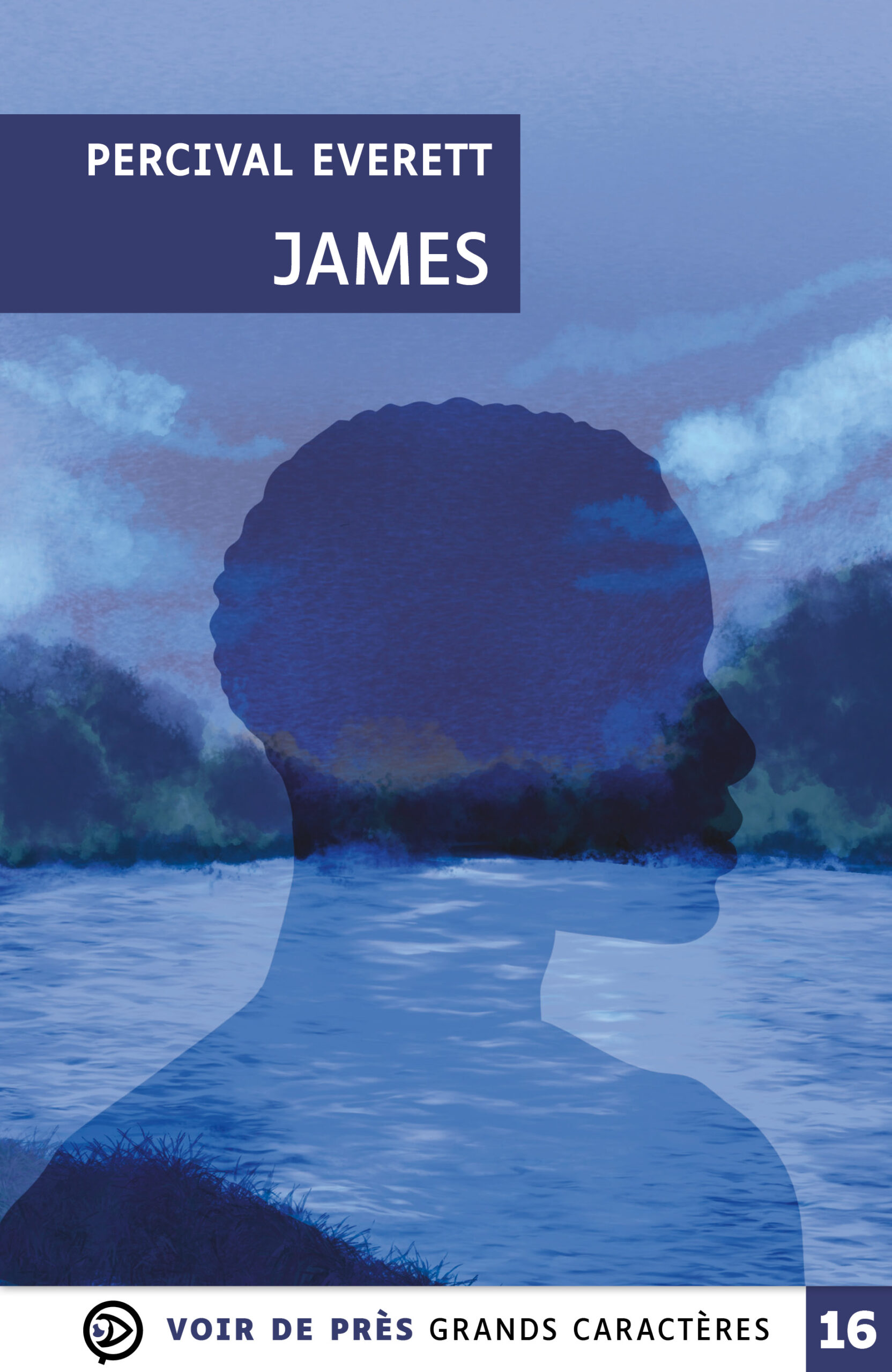Silhouette de profil se détachant sur un paysage d’eau et de nuages bleutés illustrant le livre en grands caractères James de Percival Everett