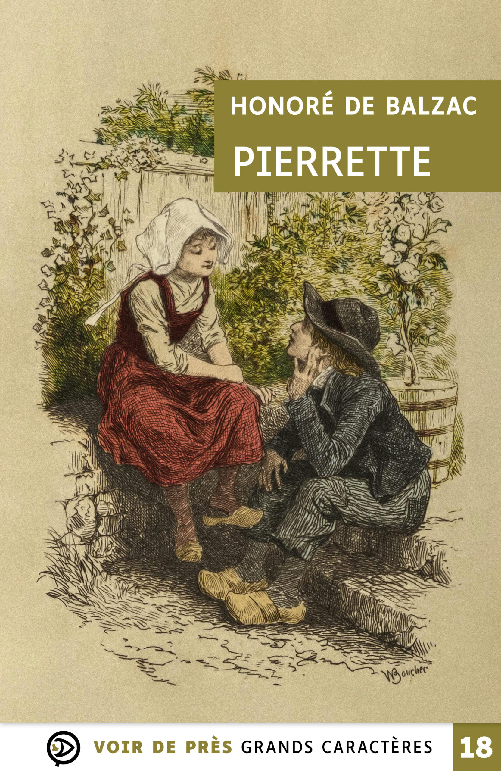 Illustration ancienne représentant une jeune fille et un jeune garçon assis près d’un muret avec le titre Pierrette d’Honoré de Balzac sur un livre en grands caractères