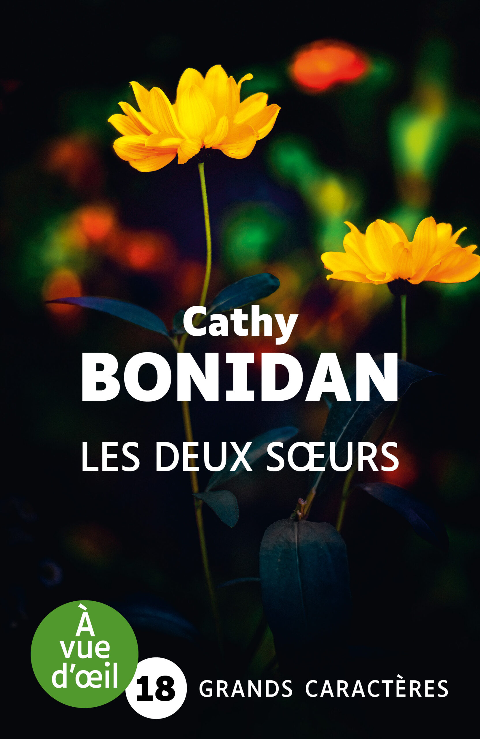 Deux fleurs jaunes sur fond sombre et flou, illustrant le livre en grands caractères Les deux sœurs de Cathy Bonidan
