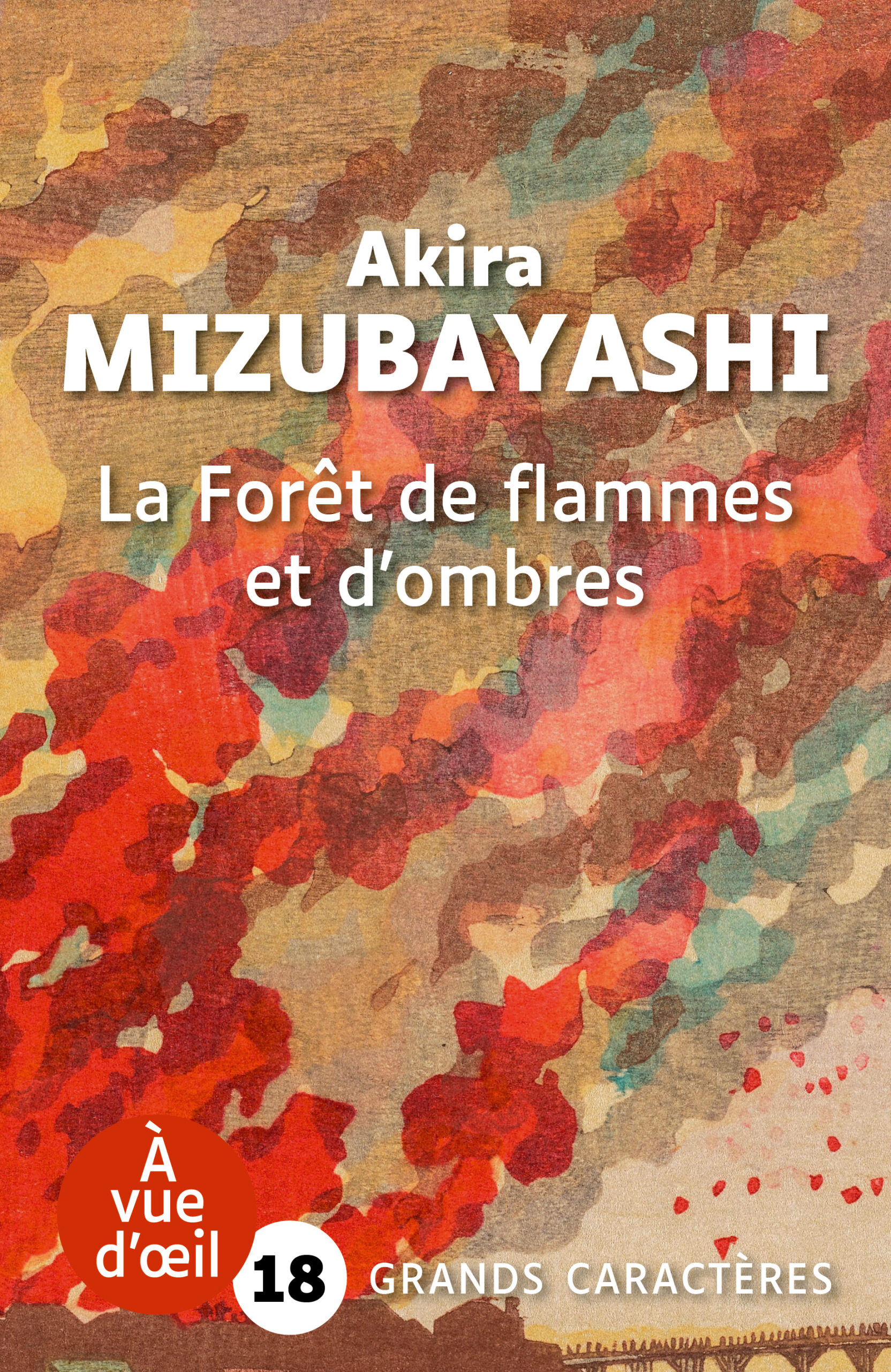 Illustration abstraite aux tons rouges et ocres, représentant le livre en grands caractères La Forêt de flammes et d’ombres d’Akira Mizubayashi