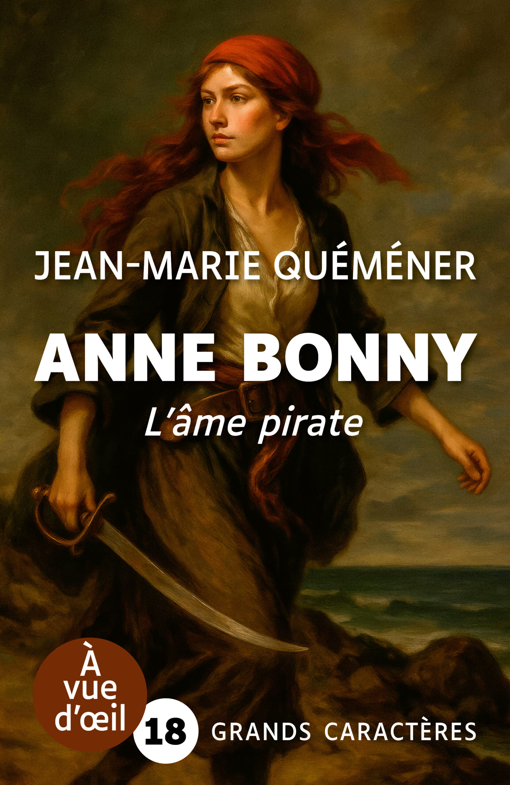 Illustration représentant une femme pirate brandissant un sabre sur un rivage, associée au livre en grands caractères Anne Bonny, l’âme pirate de Jean-Marie Quéméner