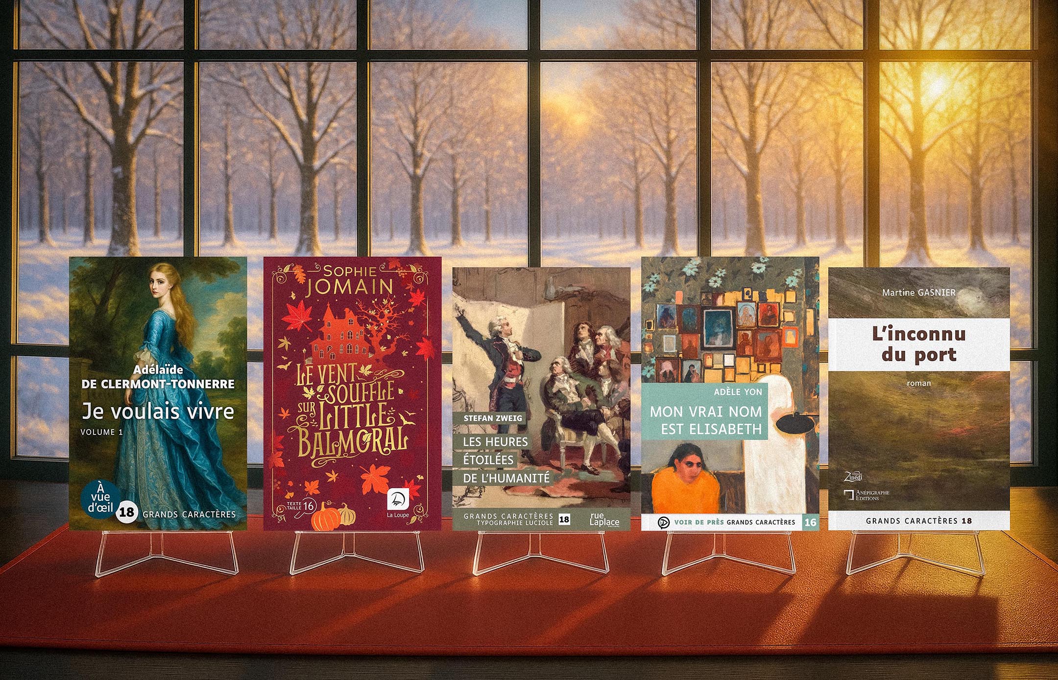 Illustration présentant cinq livres en grands caractères finalistes du Prix des lecteurs de livres en grands caractères, disposés sur des présentoirs devant une fenêtre hivernale