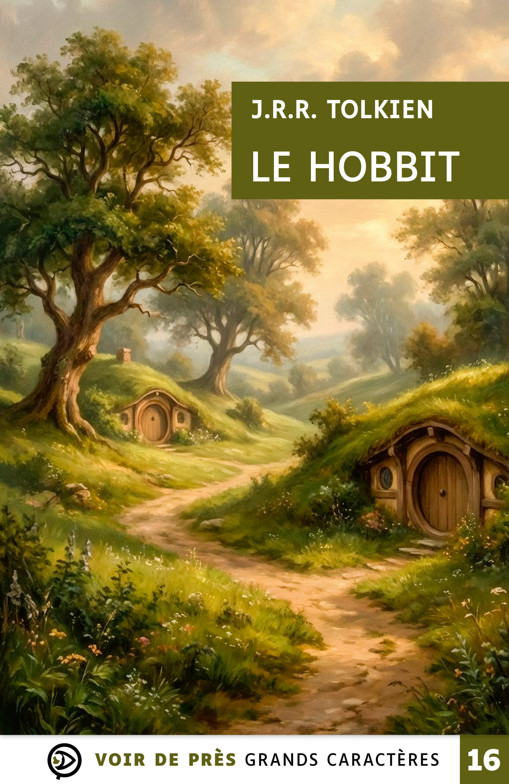 Couverture du livre en grands caractères Le Hobbit de J.R.R. Tolkien. L’illustration représente un paysage verdoyant avec des collines, de grands arbres et des maisons de hobbits semi-enterrées aux portes rondes, le long d’un chemin sinueux. Le titre apparaît dans un cartouche vert en haut. En bas figure la mention « Voir de près – Grands caractères 16 ».