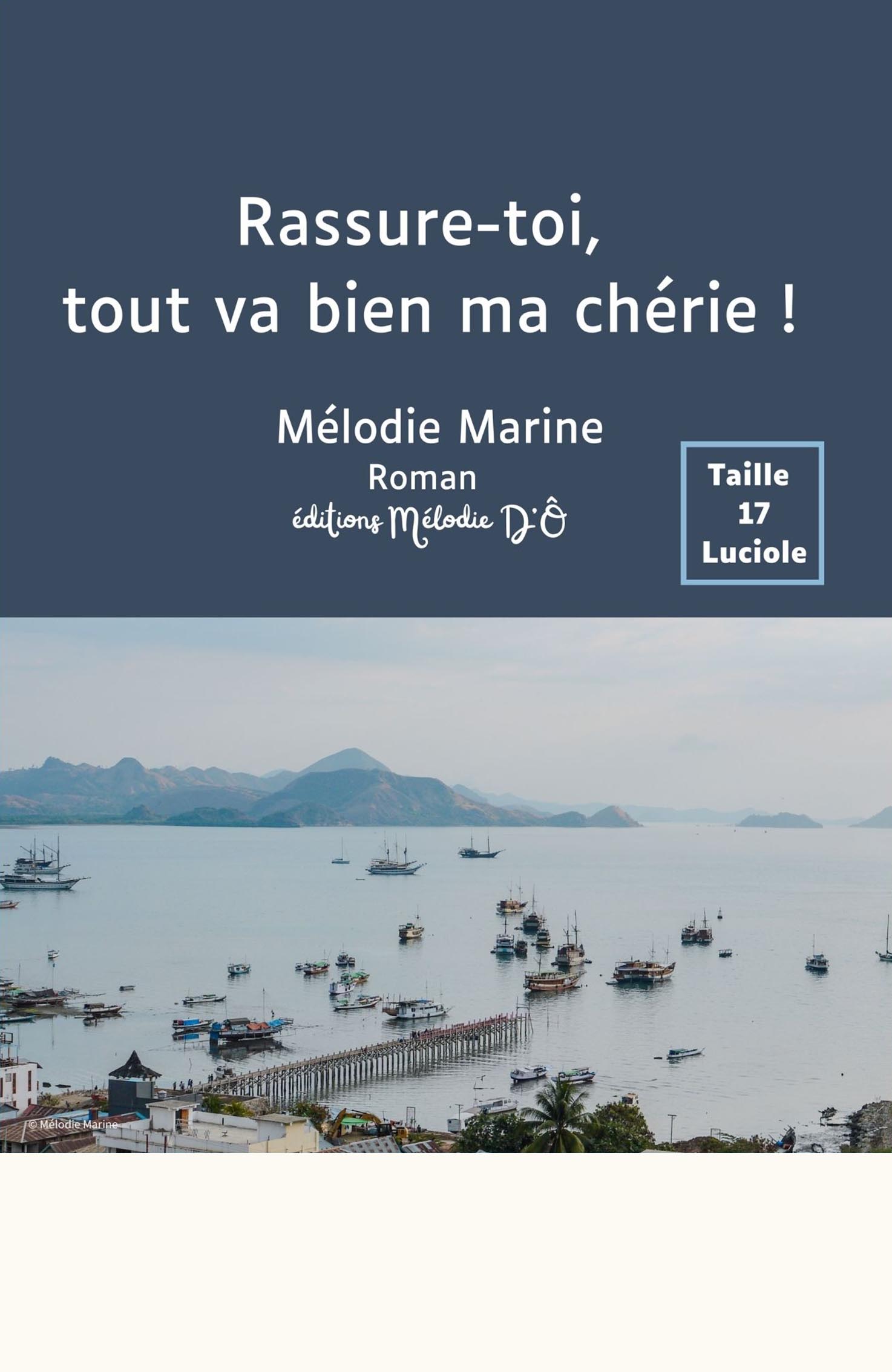 Couverture du livre en grands caractères Rassure-toi, tout va bien ma chérie ! de Mélodie Marine. Sur un fond bleu ardoise figurent le titre en blanc, le nom de l’autrice et la mention « Roman – éditions Mélodie D’Ô », avec un encadré « Taille 17 Luciole ». La partie inférieure montre une photographie d’un port avec des bateaux amarrés, une jetée et des montagnes à l’horizon.
