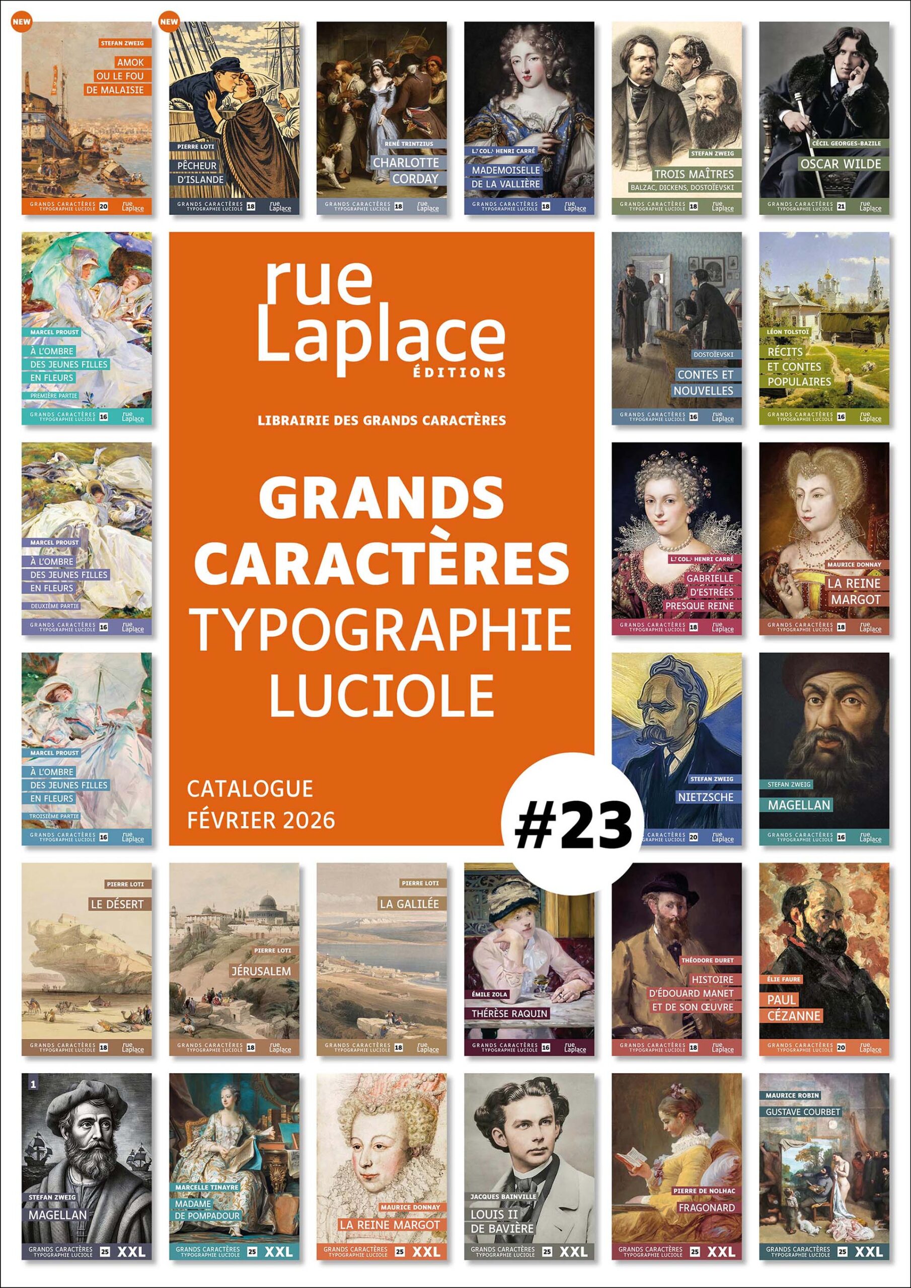 Catalogue des livres en grands caractères des éditions rueLaplace, typographie Luciole, catalogue n°23 – février 2026.