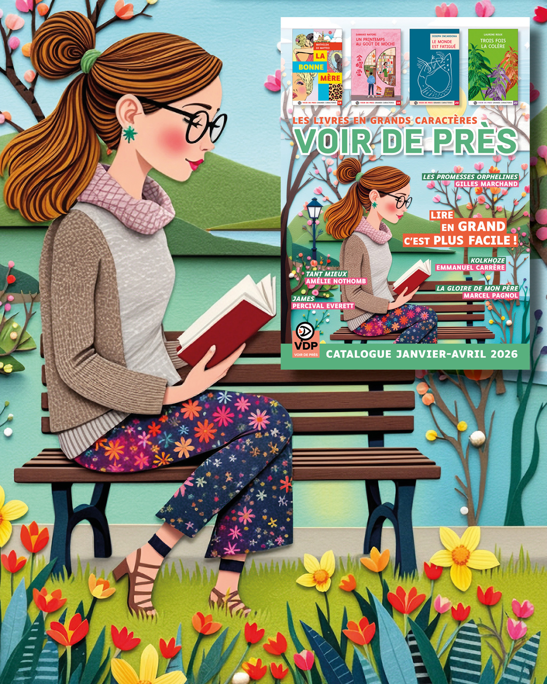 Couverture du catalogue Les livres en grands caractères – Voir de près, janvier-avril 2026, présentant une lectrice lisant sur un banc et une sélection de nouveautés en grands caractères.
