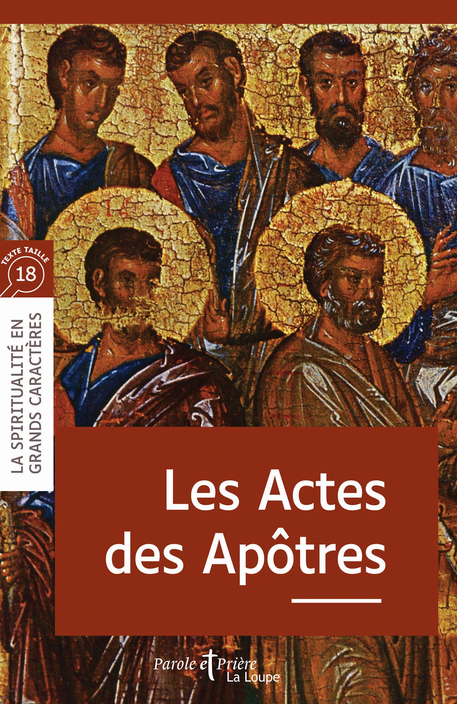 Reproduction d’une icône religieuse ancienne représentant plusieurs apôtres auréolés, aux visages expressifs, peints sur un fond doré craquelé, typique de l’art byzantin.