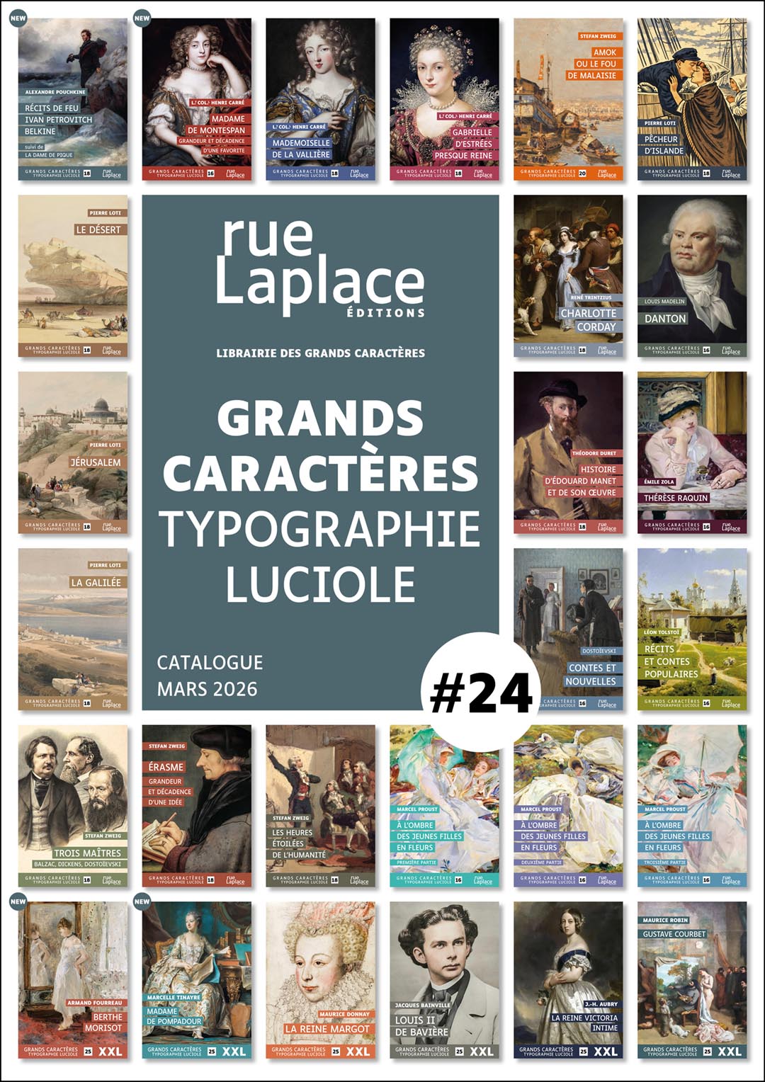Visuel du catalogue n°24 des éditions rueLaplace présentant une sélection de livres en grands caractères en typographie Luciole, avec de nombreuses couvertures d’ouvrages classiques, biographies et nouveautés, dont Alexandre Pouchkine et Henri Carré.