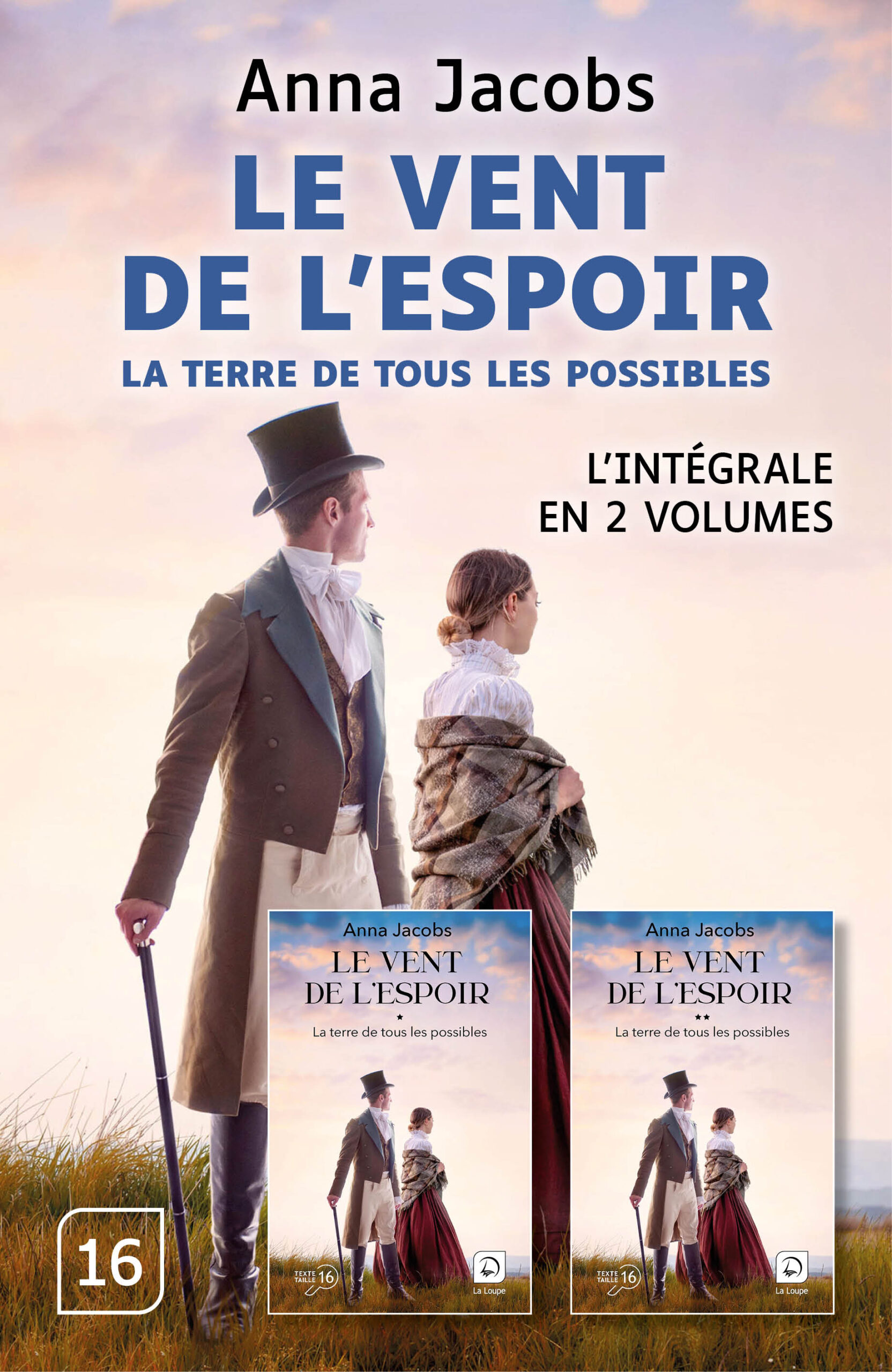 Une femme et un homme en tenue du XIXe siècle se tiennent côte à côte dans une prairie au coucher du soleil, regardant vers l’horizon. L’homme porte un haut-de-forme et une redingote, tenant une canne, tandis que la femme est enveloppée dans un châle. L’image évoque une scène romantique et historique dans un paysage lumineux.