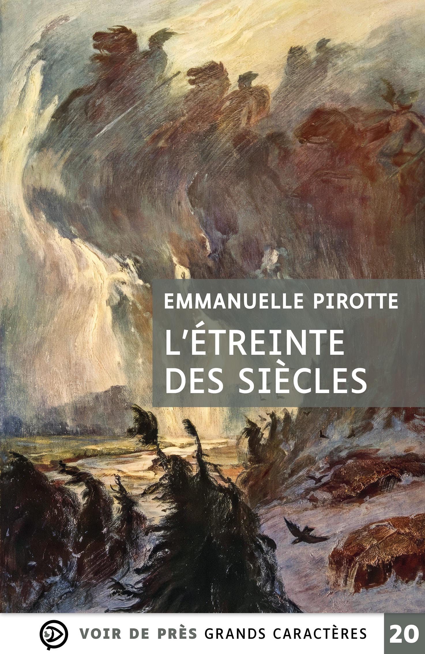 Peinture représentant une scène sauvage et tourmentée : des cavaliers fantomatiques semblent surgir d’une tempête de vent et de lumière au-dessus d’un paysage balayé, tandis qu’au premier plan, des chevaux et des silhouettes sombres se détachent dans une atmosphère dramatique.