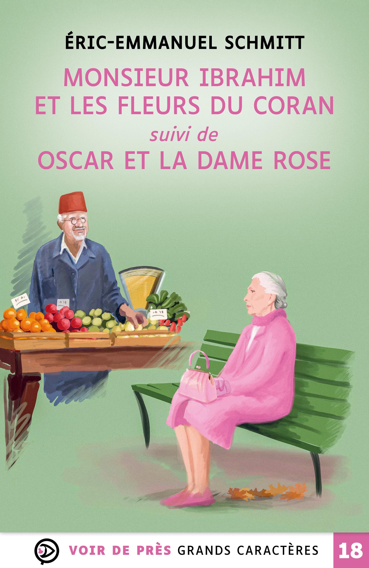 Couverture du livre Monsieur Ibrahim et les fleurs du Coran suivi de Oscar et la dame rose de Éric-Emmanuel Schmitt en grands caractères, avec une composition visuelle fragmentée et artistique mêlant silhouettes et éléments urbains.