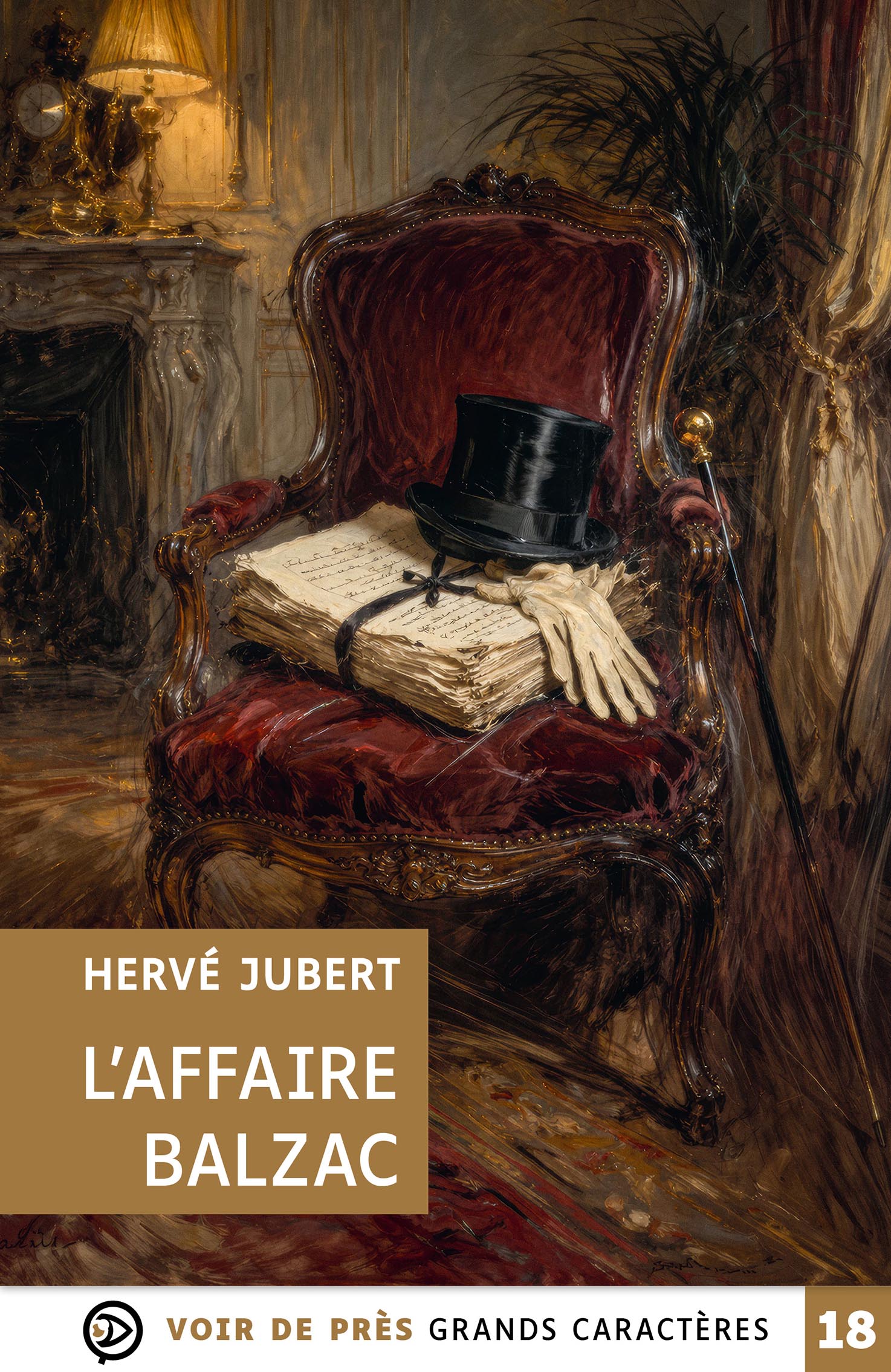 Couverture du livre L’Affaire Balzac de Hervé Jubert en grands caractères, représentant un fauteuil ancien avec un manuscrit, un haut-de-forme et des gants posés dessus, dans un décor du XIXe siècle.