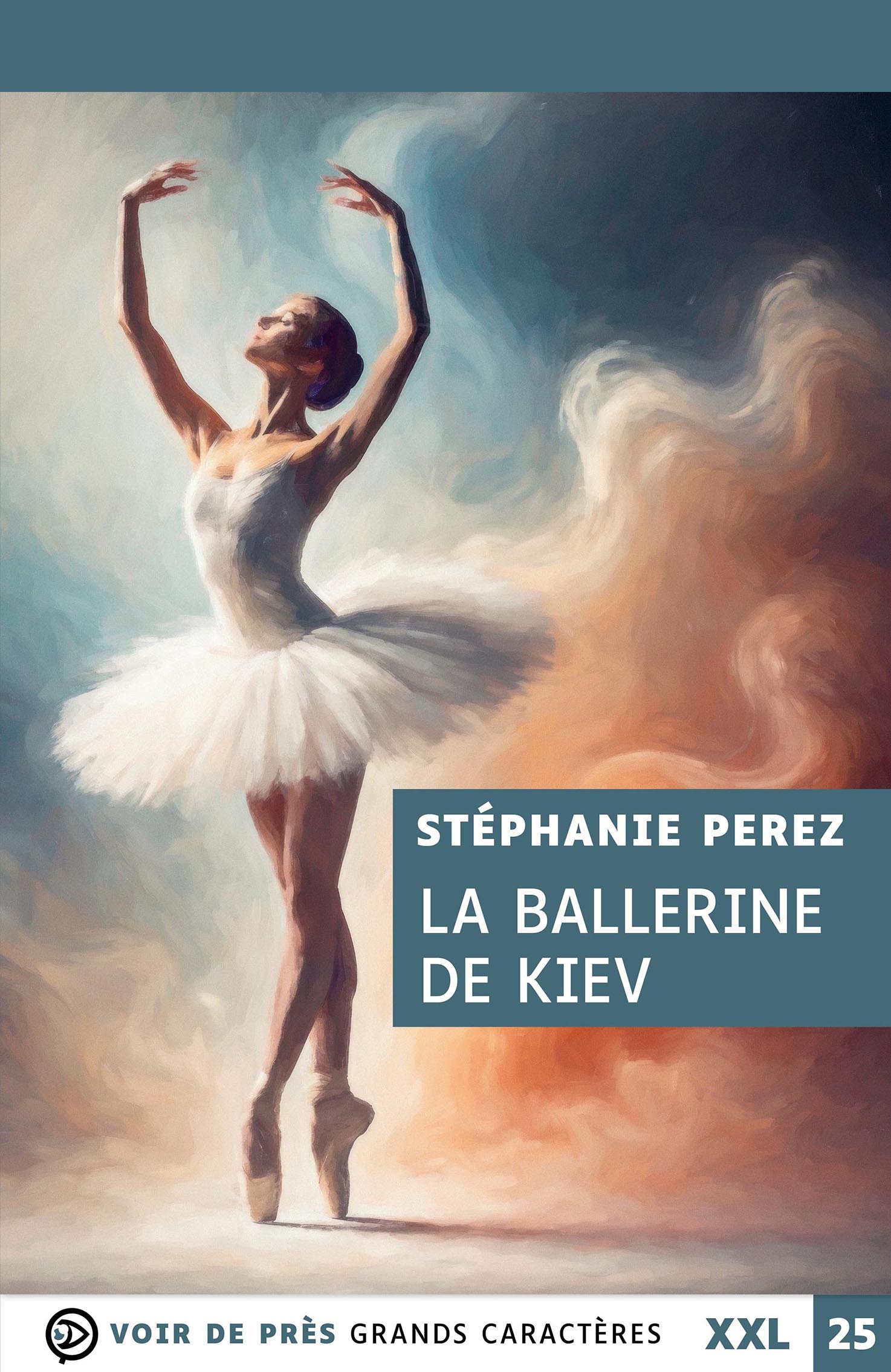 Une danseuse classique en tutu blanc se tient sur pointes, les bras levés avec grâce, dans une atmosphère picturale aux couleurs douces mêlant bleus et orangés, évoquant le mouvement et la lumière.