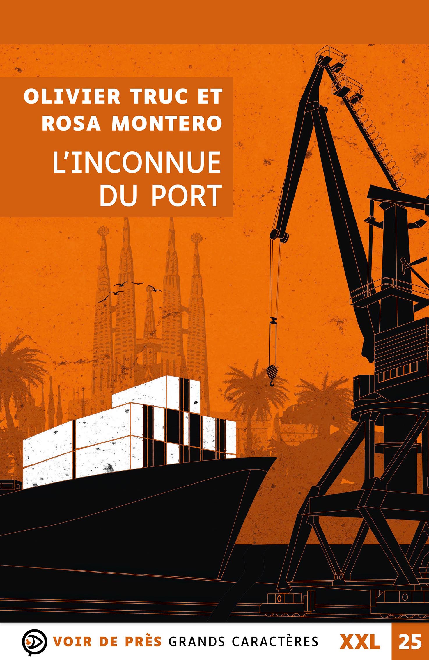 Illustration stylisée d’un port industriel sur fond orange : un cargo chargé de conteneurs est amarré tandis qu’une grande grue se dresse au premier plan. À l’arrière-plan, des silhouettes de bâtiments et de palmiers se dessinent.