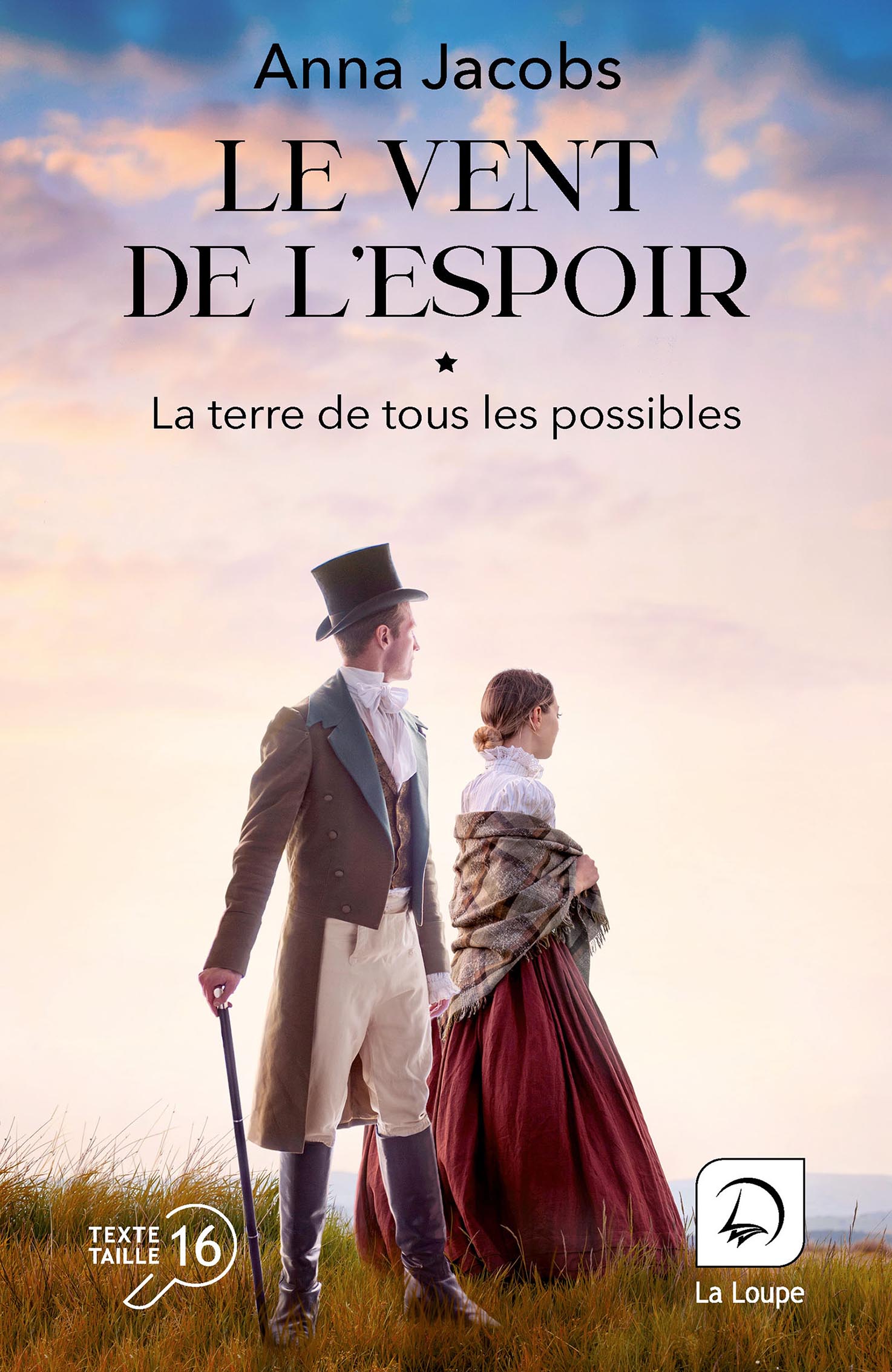 Une femme et un homme en tenue du XIXe siècle se tiennent dans une prairie, tournés vers l’horizon sous un ciel lumineux. L’homme porte un haut-de-forme, une redingote et tient une canne, tandis que la femme, en robe longue, est enveloppée dans un châle. La scène évoque un départ ou une attente dans un paysage ouvert.
