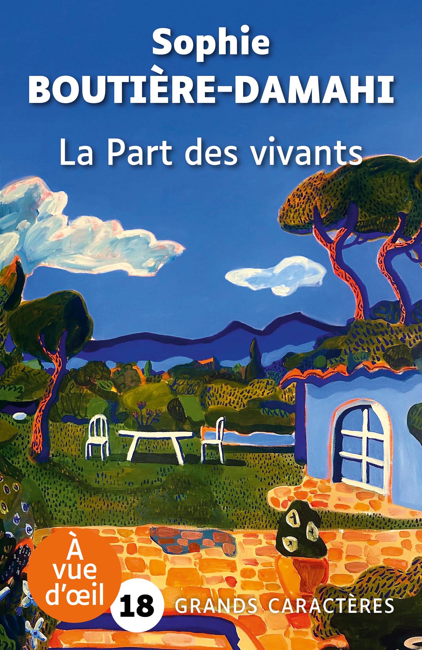 Couverture du livre La Part des vivants de Sophie Boutière-Damahi en grands caractères, avec une illustration colorée d’un paysage méditerranéen.