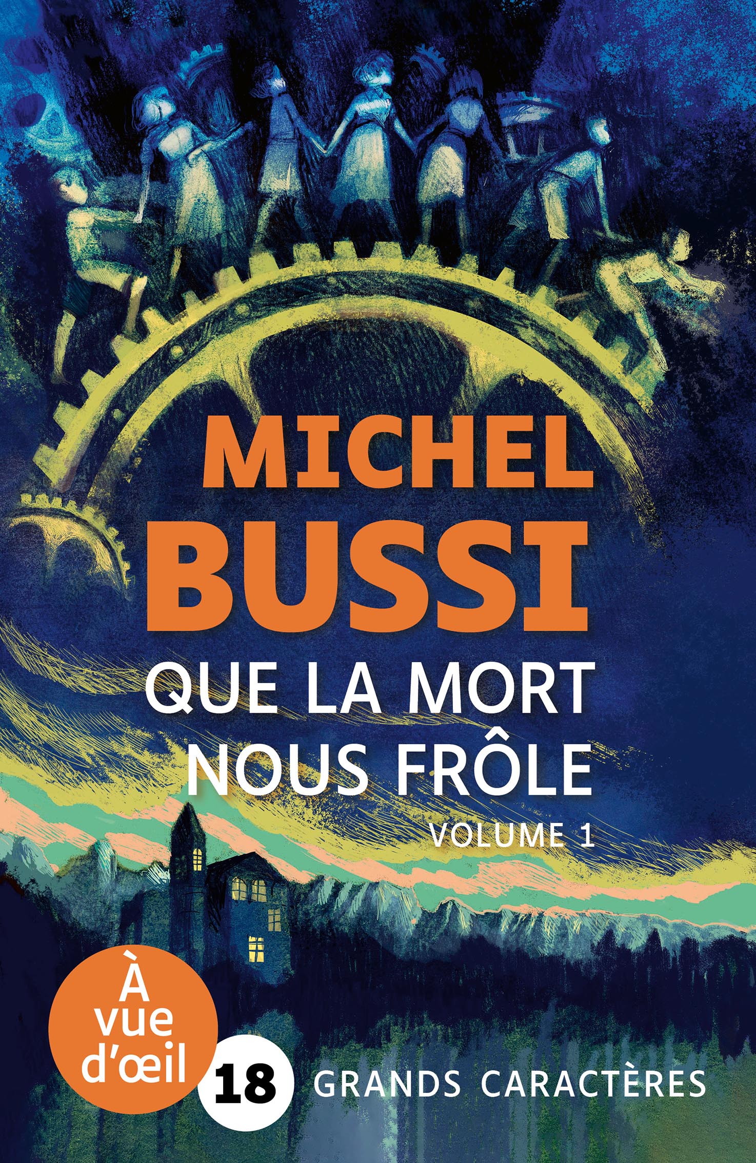 Illustration nocturne représentant des enfants se tenant par la main au sommet d’un engrenage géant, au-dessus d’un paysage montagneux et d’une maison isolée éclairée.