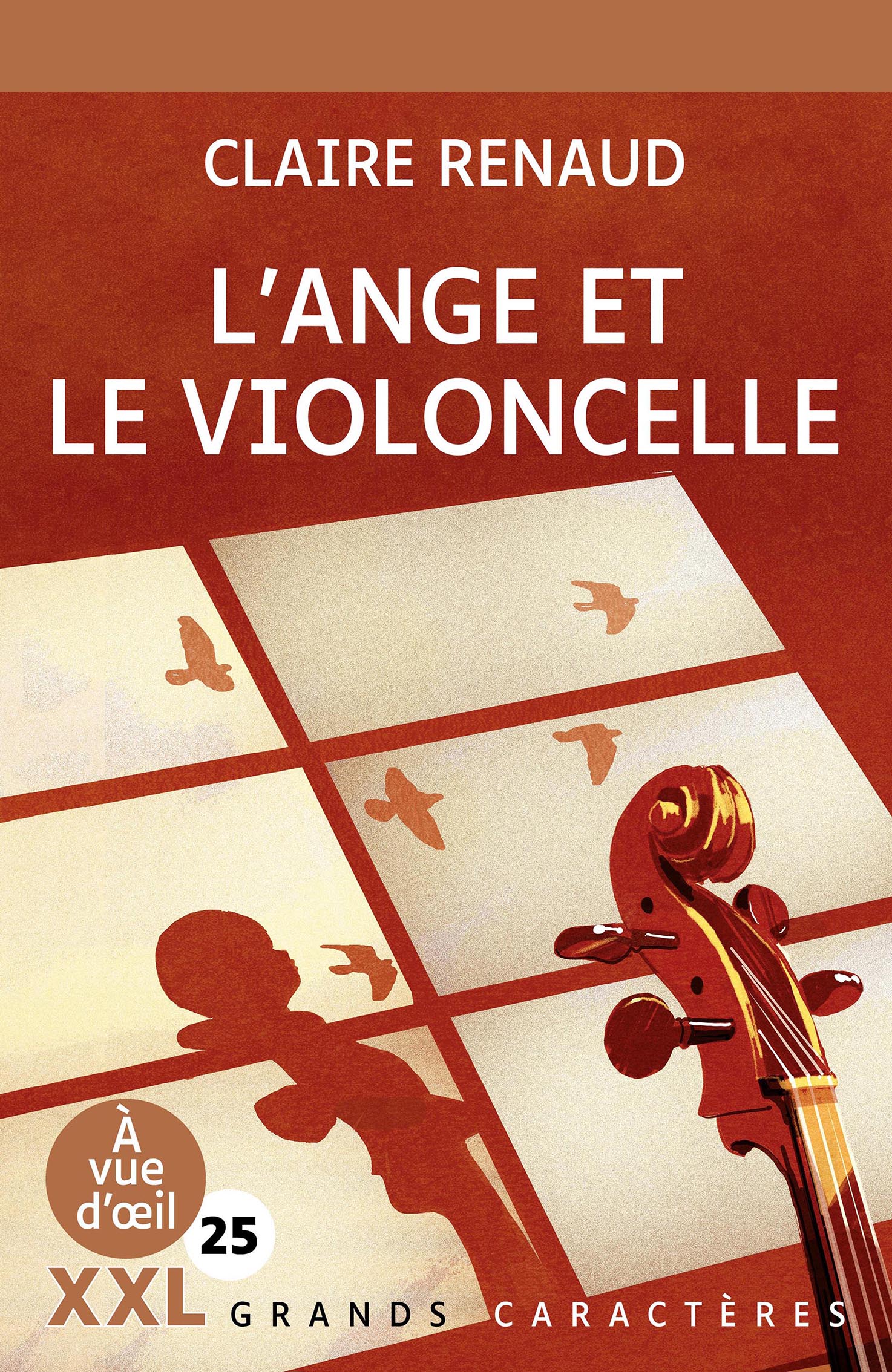 Silhouette d’un enfant projetée sur le sol devant une fenêtre quadrillée, avec un violoncelle posé à droite et des oiseaux stylisés en vol dans une composition graphique aux tons rouges et ocres.