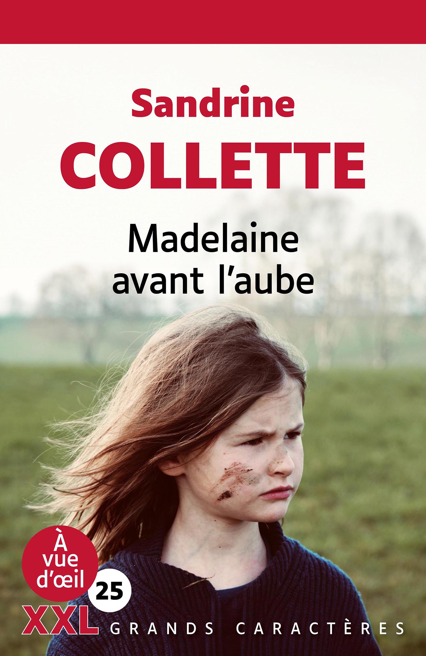 Portrait d’une jeune fille aux cheveux longs, le visage légèrement sali, regardant sur le côté avec une expression grave, debout dans un paysage de campagne aux tons verts et brumeux.