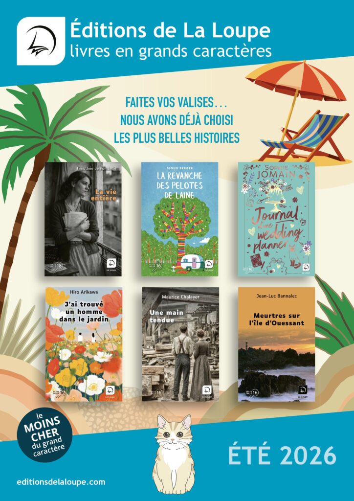 Affiche estivale des éditions de La Loupe présentant une sélection de livres en grands caractères pour l’été 2026.