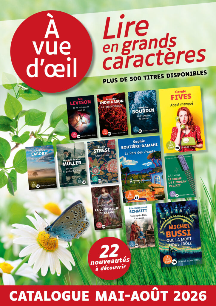 Couverture du catalogue À Vue d’œil mai-août 2026 présentant des nouveautés en grands caractères sur un fond printanier avec fleurs et papillon.
