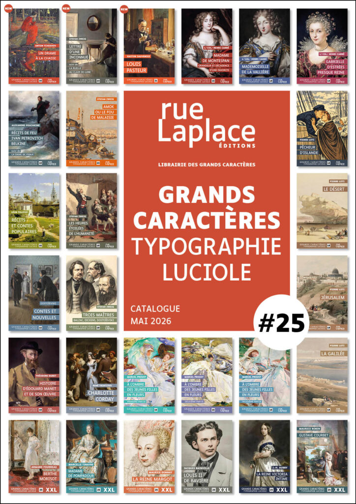 Couverture du catalogue n°25 de rueLaplace éditions présentant une sélection de livres en grands caractères typographie Luciole publiés en mai 2026.
