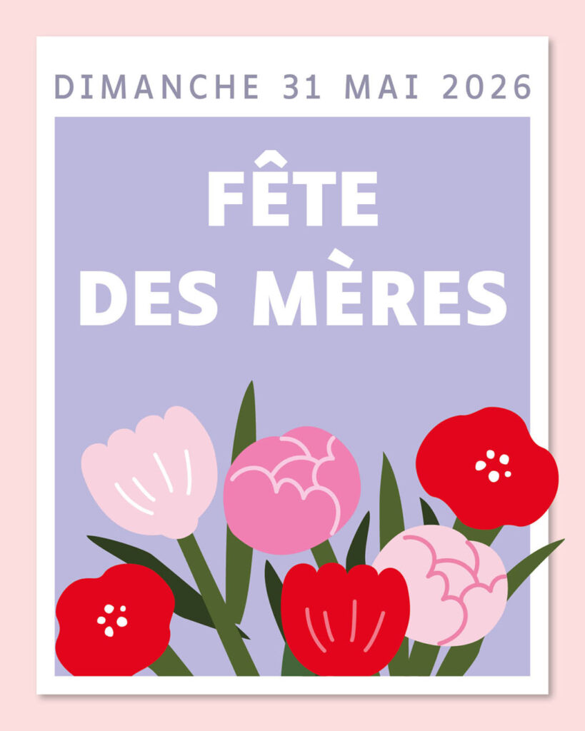 Affiche illustrée pour la fête des Mères 2026 avec des fleurs rouges et roses sur fond lavande.
